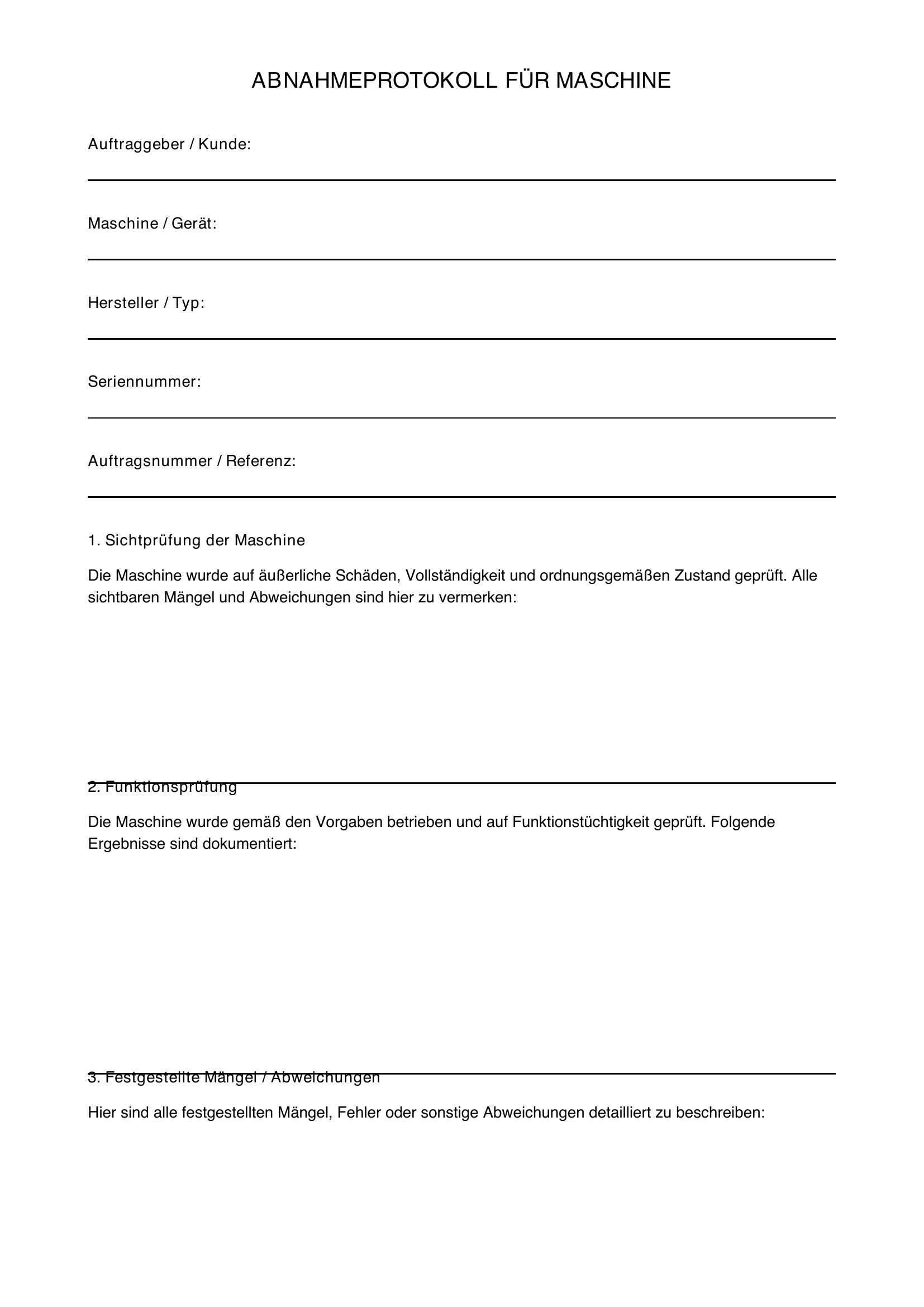 Abnahmeprotokoll Maschine Vorlage