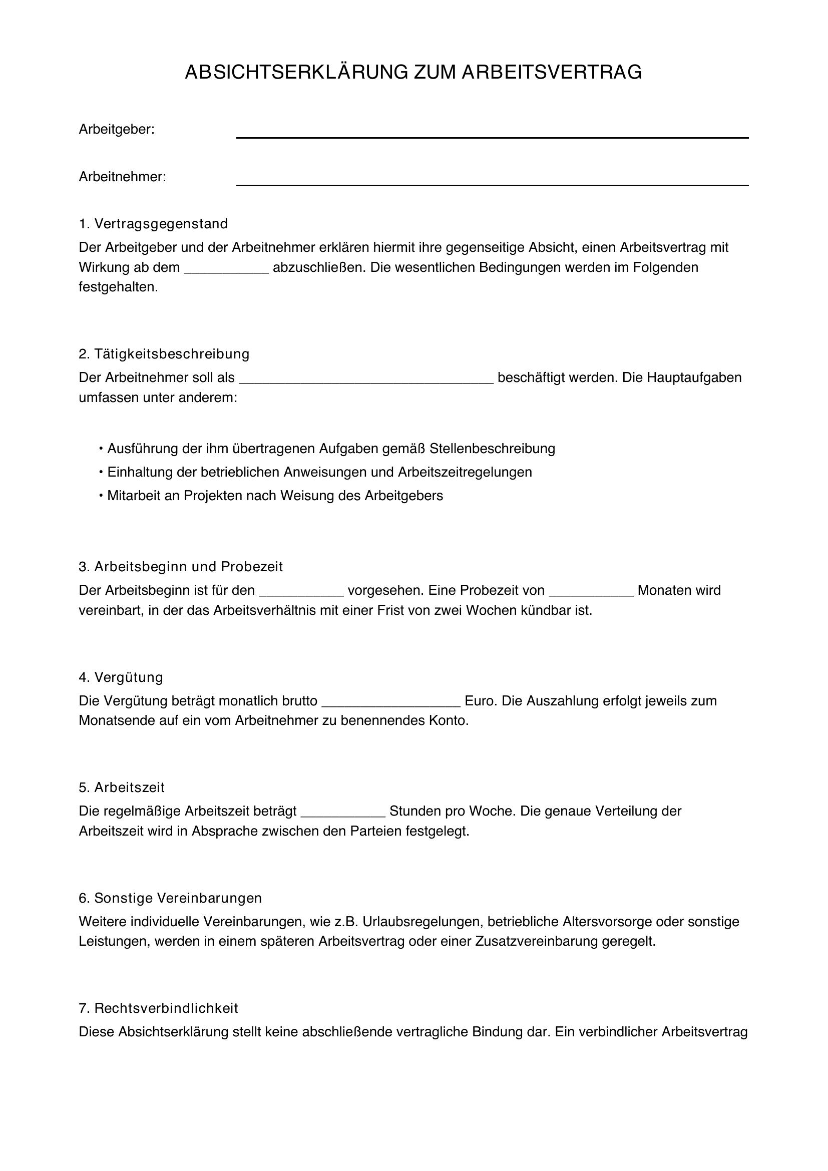 Absichtserklärung Arbeitsvertrag Vorlage