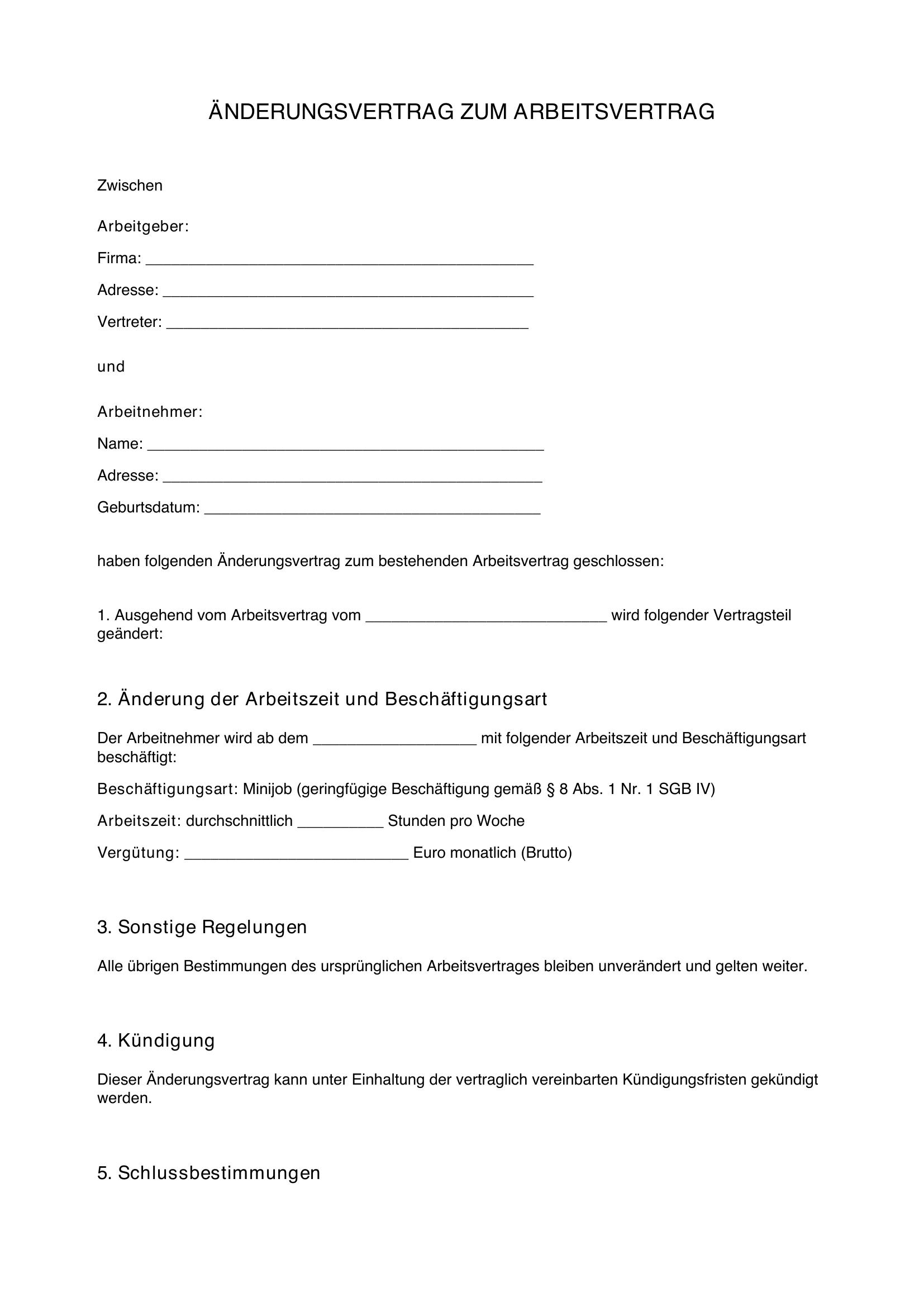 Änderungsvertrag Von Teilzeit Auf Minijob