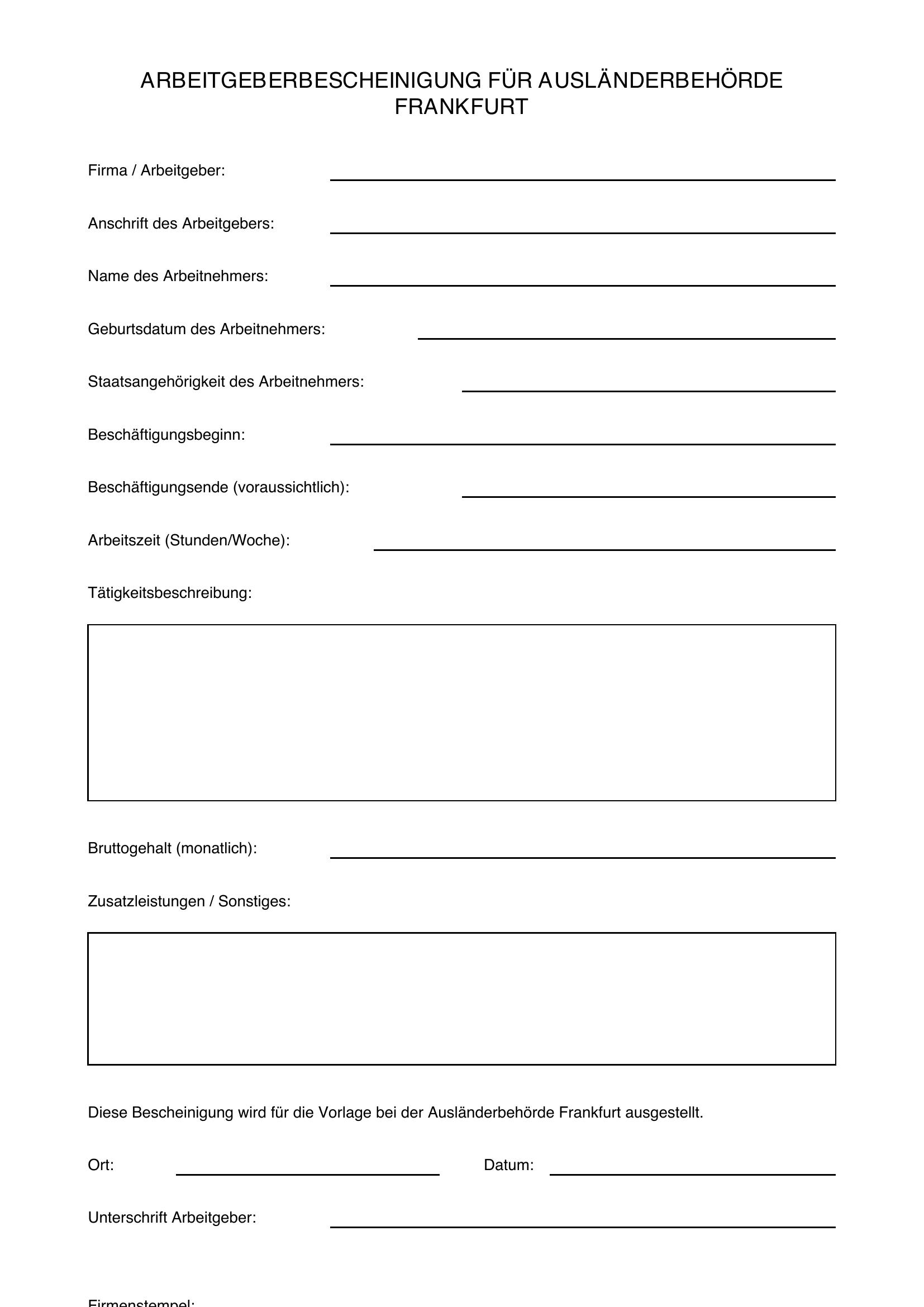 Arbeitgeberbescheinigung Ausländerbehörde Frankfurt