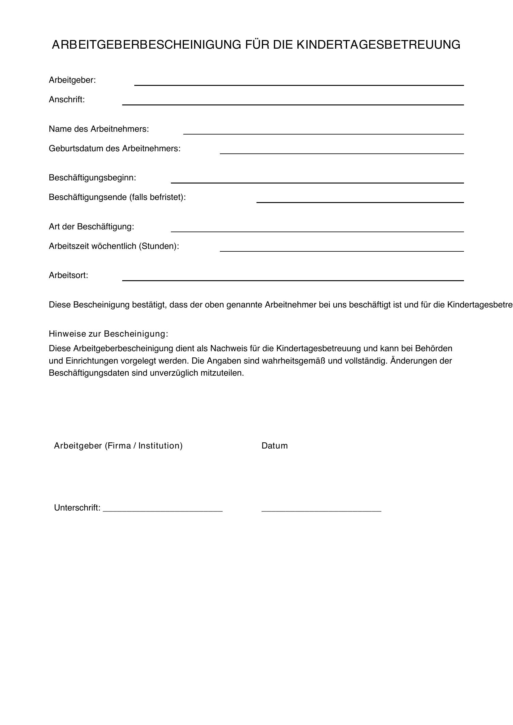 Arbeitgeberbescheinigung Kita - Vorlage