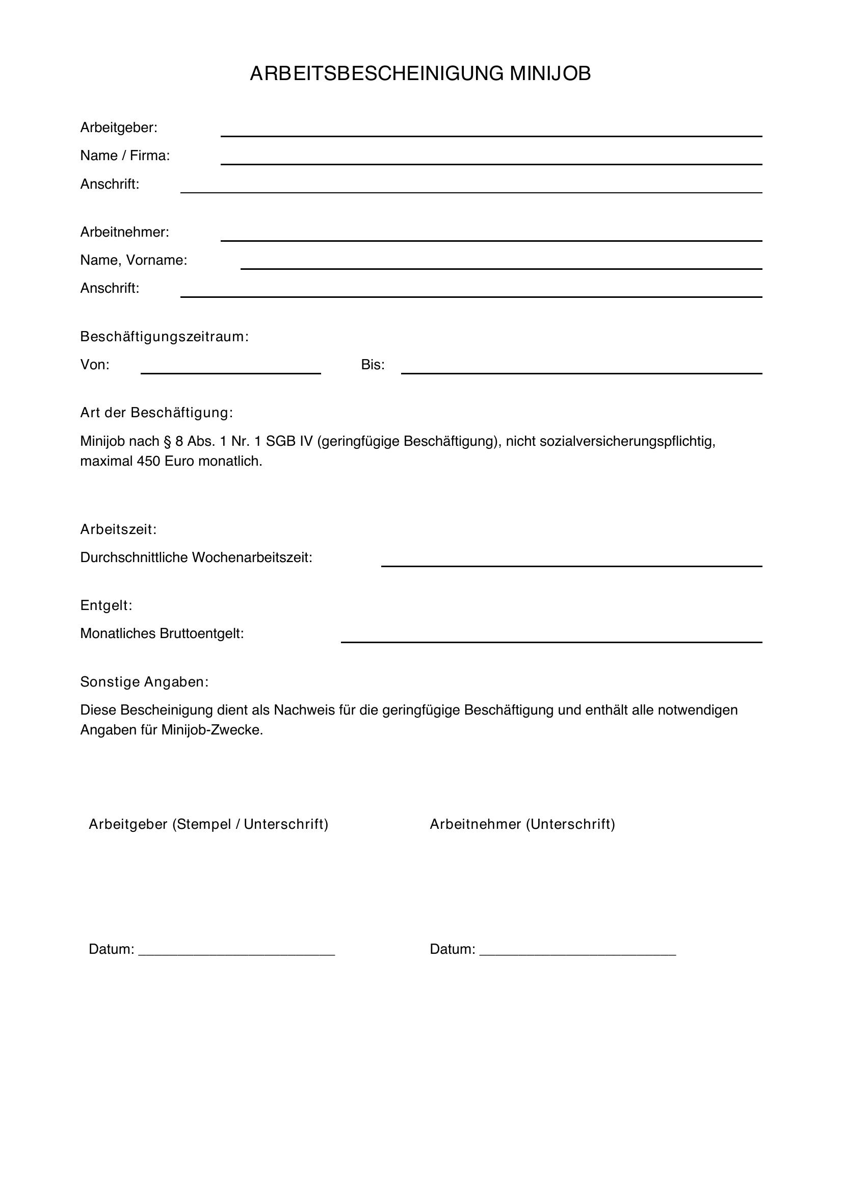 Arbeitsbescheinigung Minijob