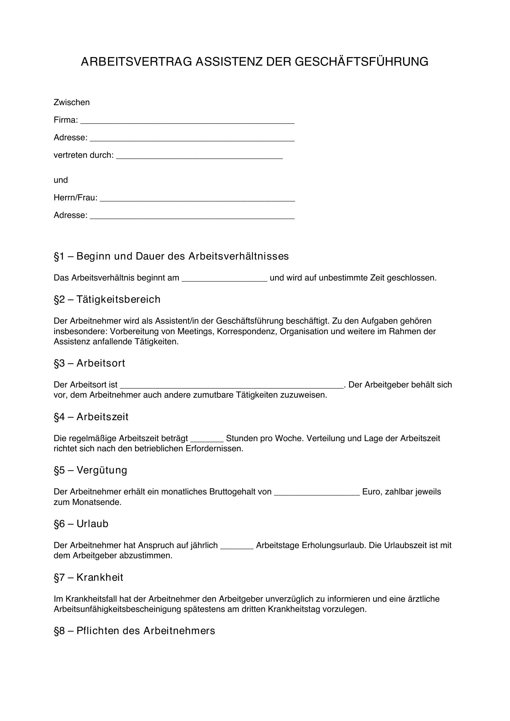 Arbeitsvertrag Assistenz Der Geschäftsführung