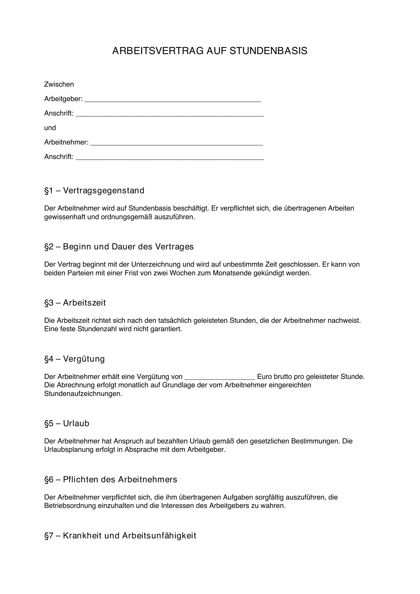Arbeitsvertrag Auf Stundenbasis Muster