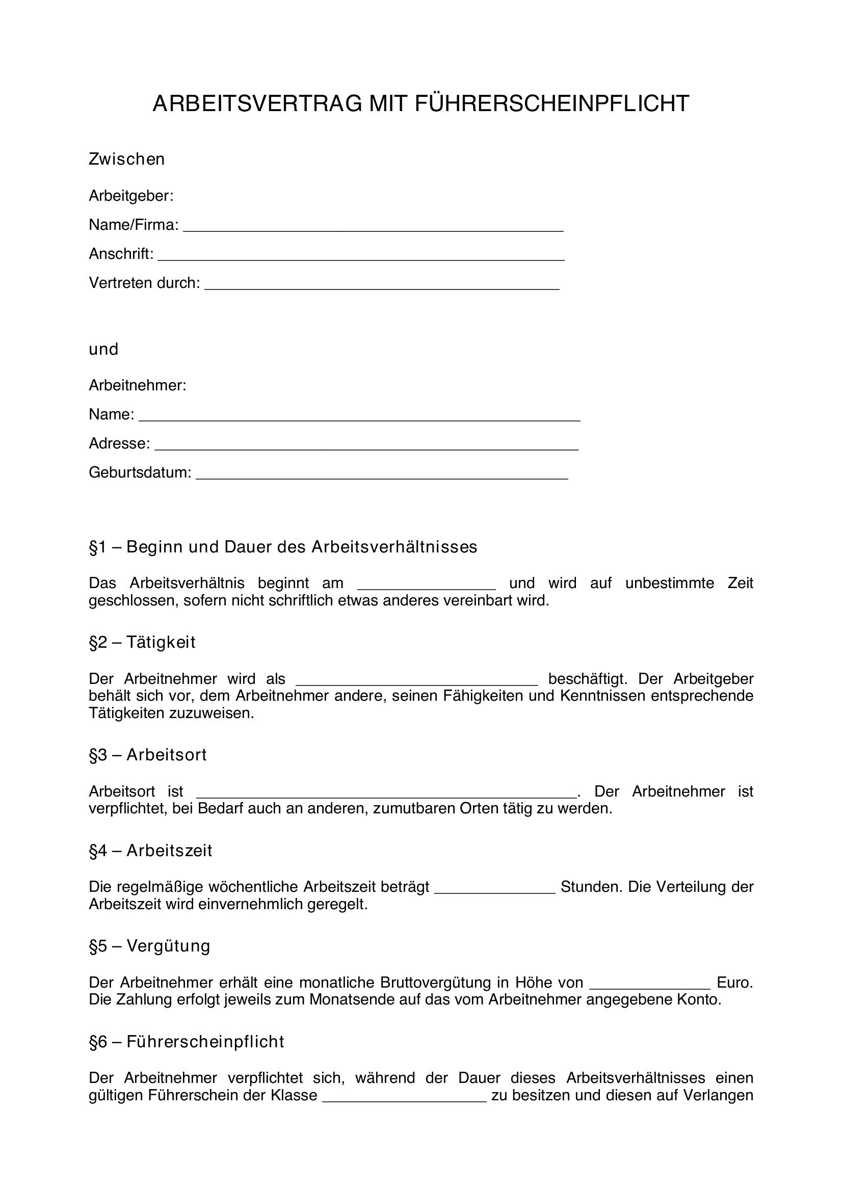 Arbeitsvertrag Führerschein Pflicht Muster