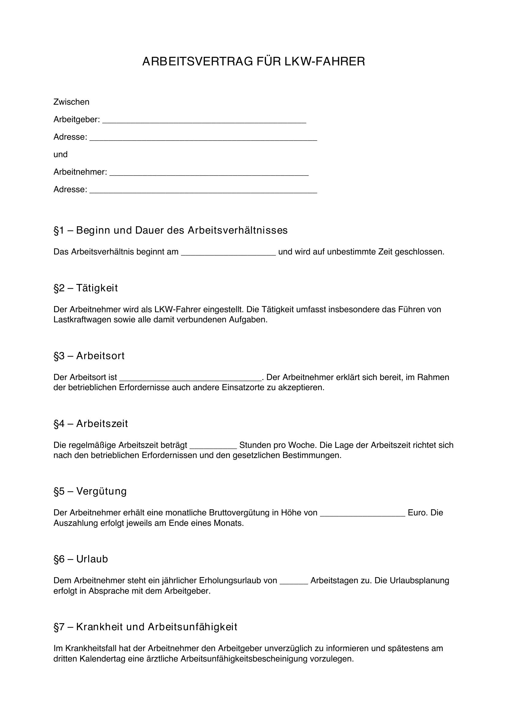 Arbeitsvertrag Lkw-Fahrer