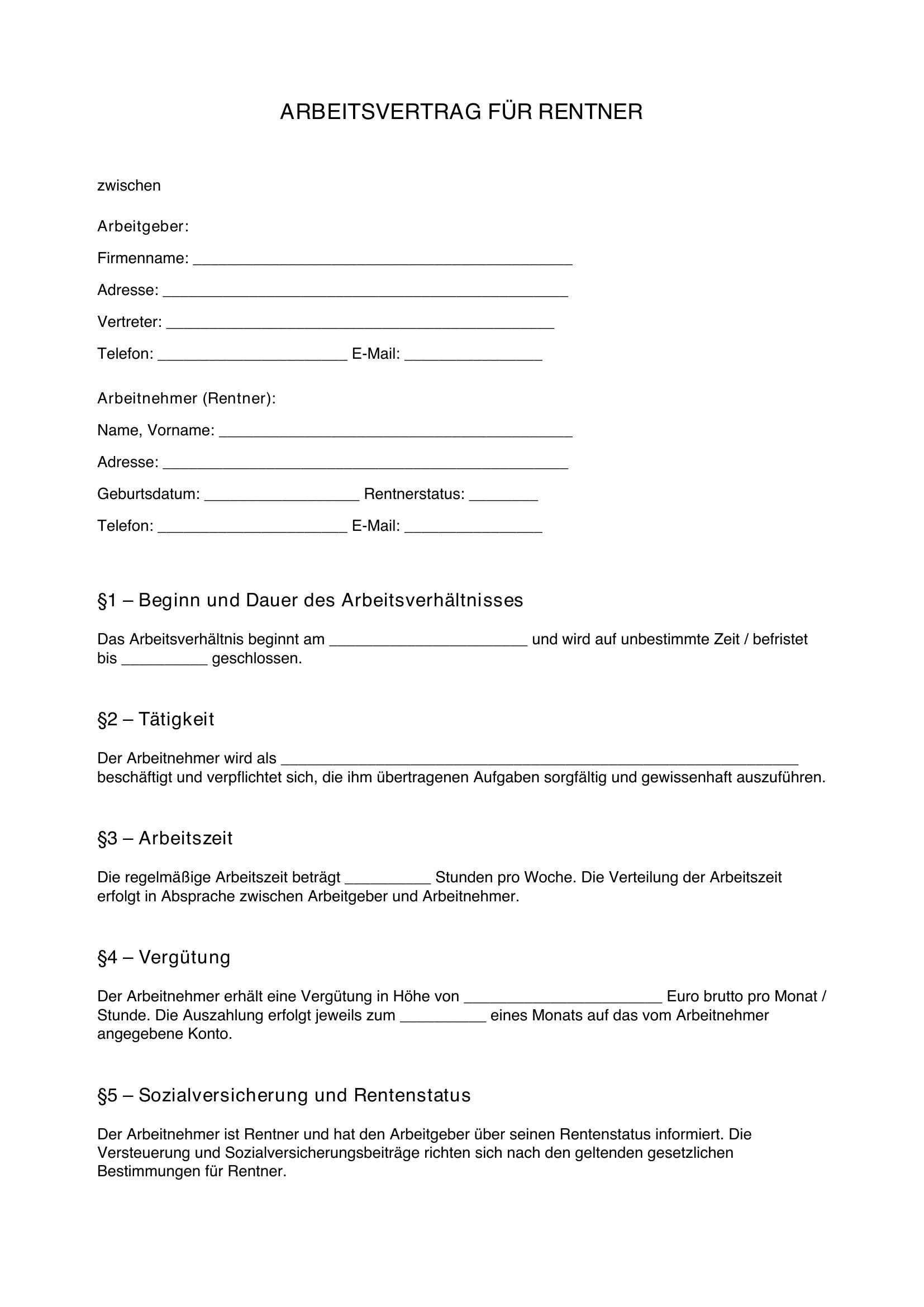 Muster Arbeitsvertrag Rentner
