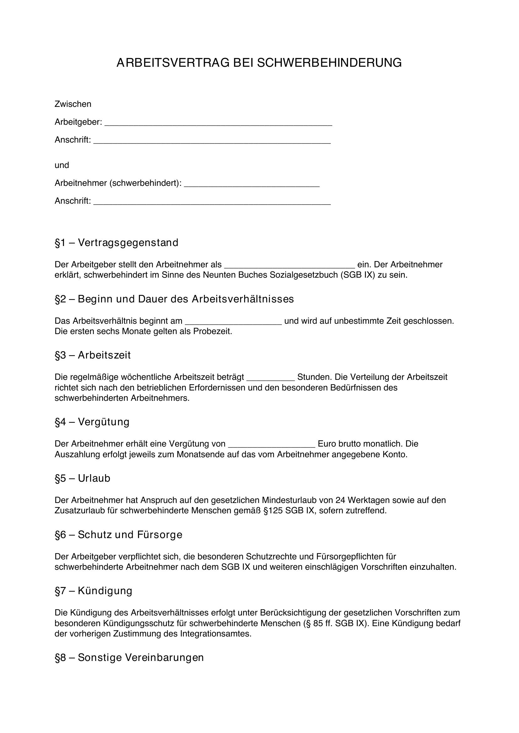 Arbeitsvertrag Schwerbehinderung Muster