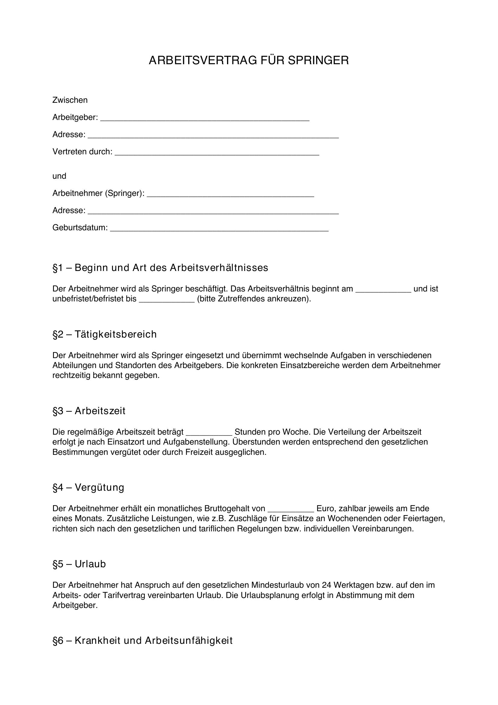 Arbeitsvertrag Springer Muster