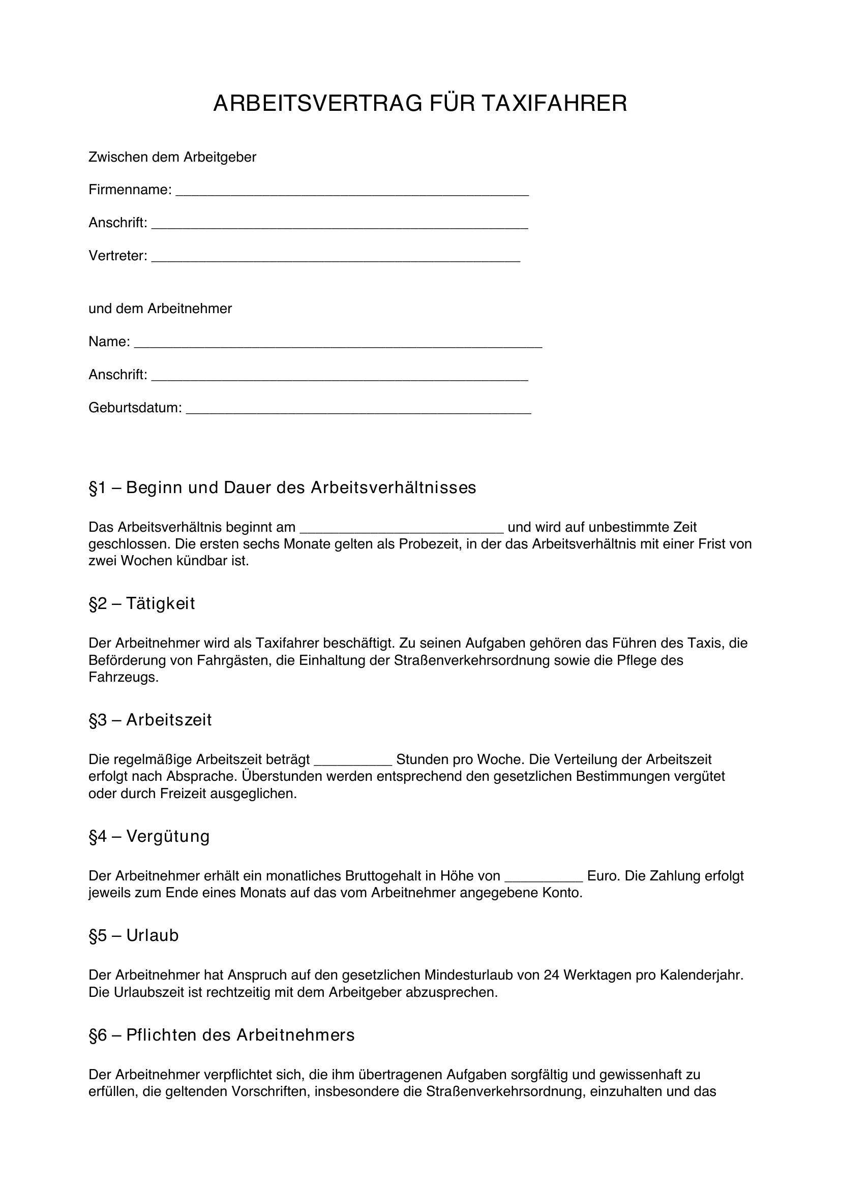 Arbeitsvertrag Taxifahrer