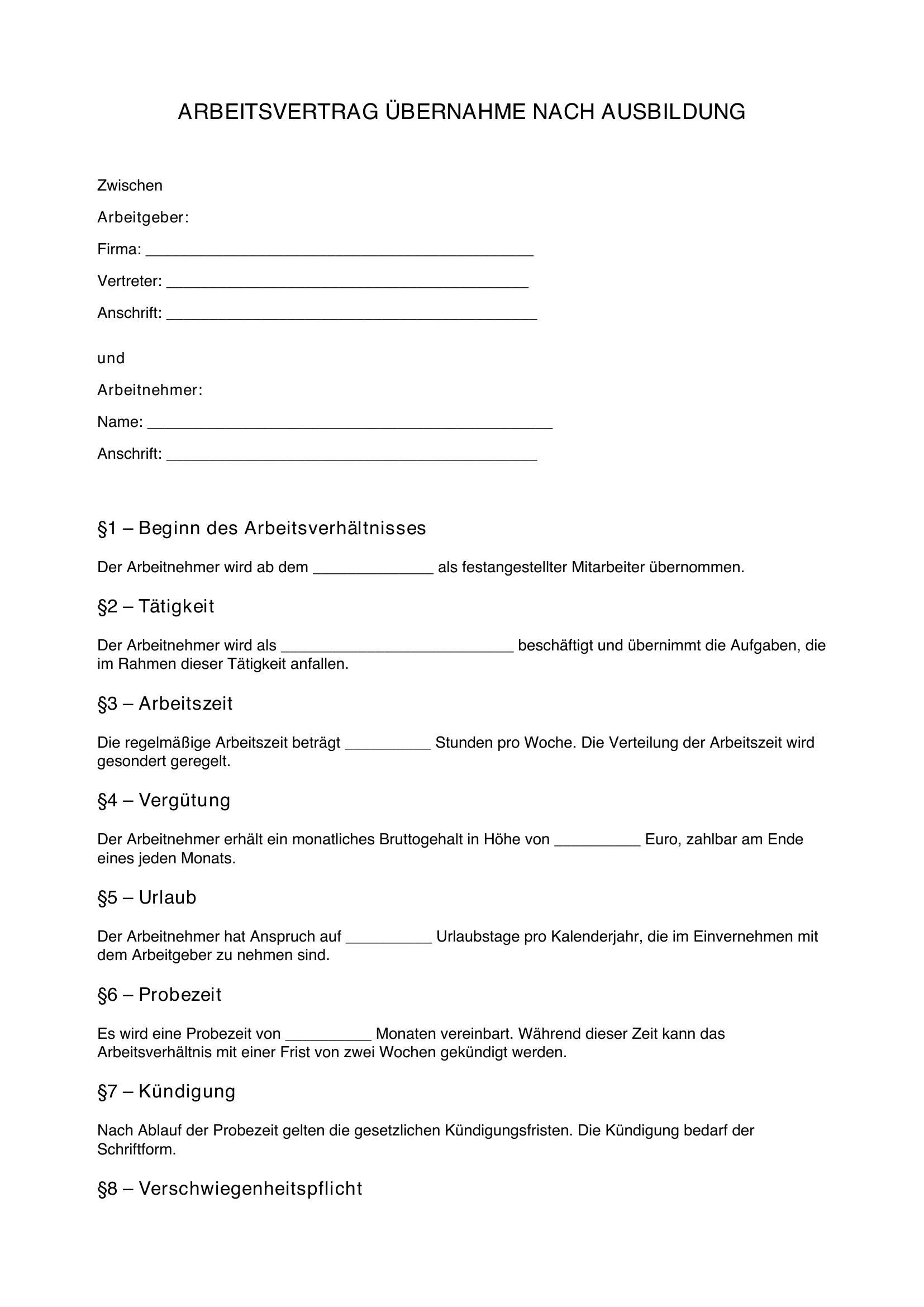 Arbeitsvertrag Übernahme Nach Ausbildung Muster