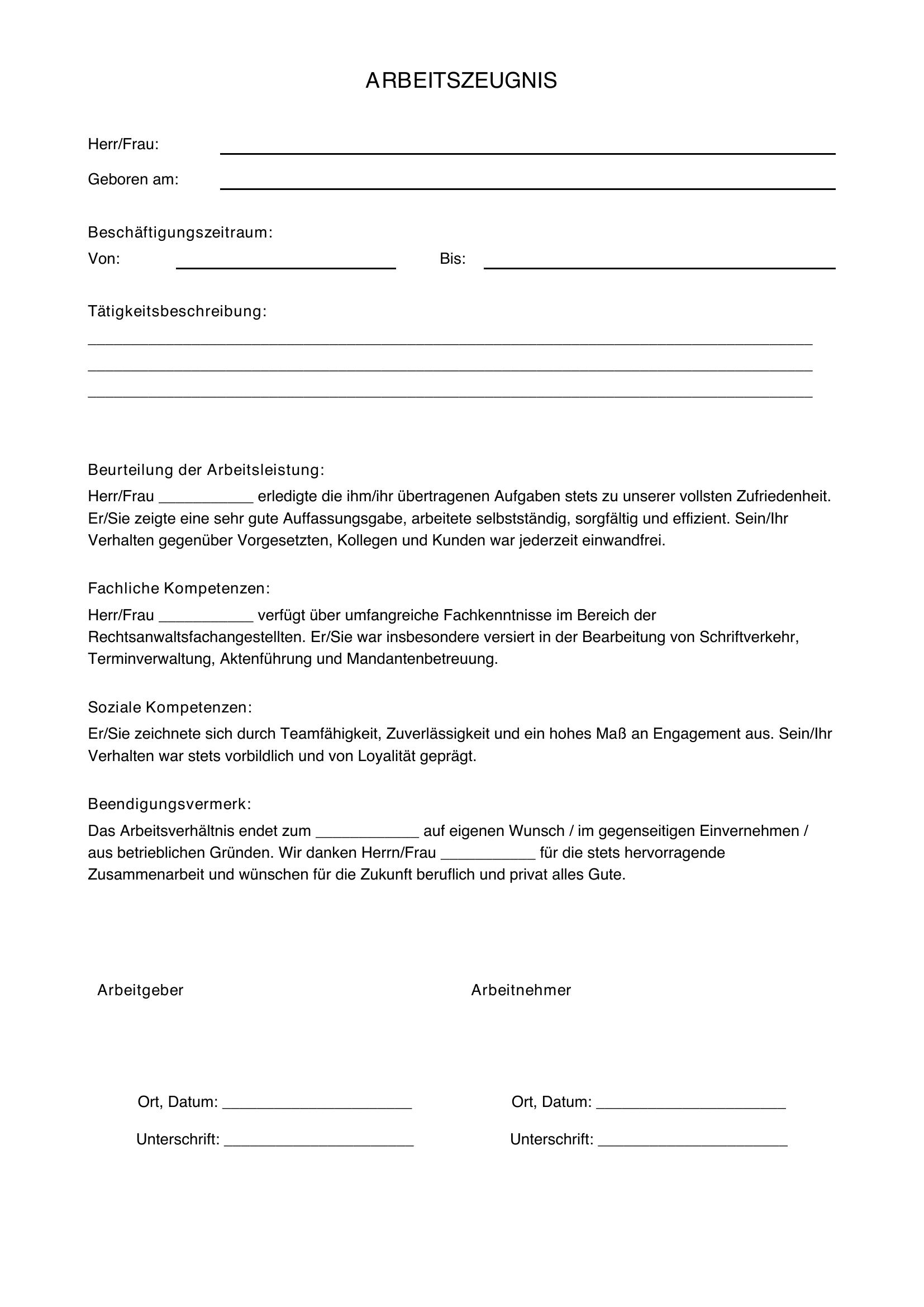Arbeitszeugnis Rechtsanwaltsfachangestellte