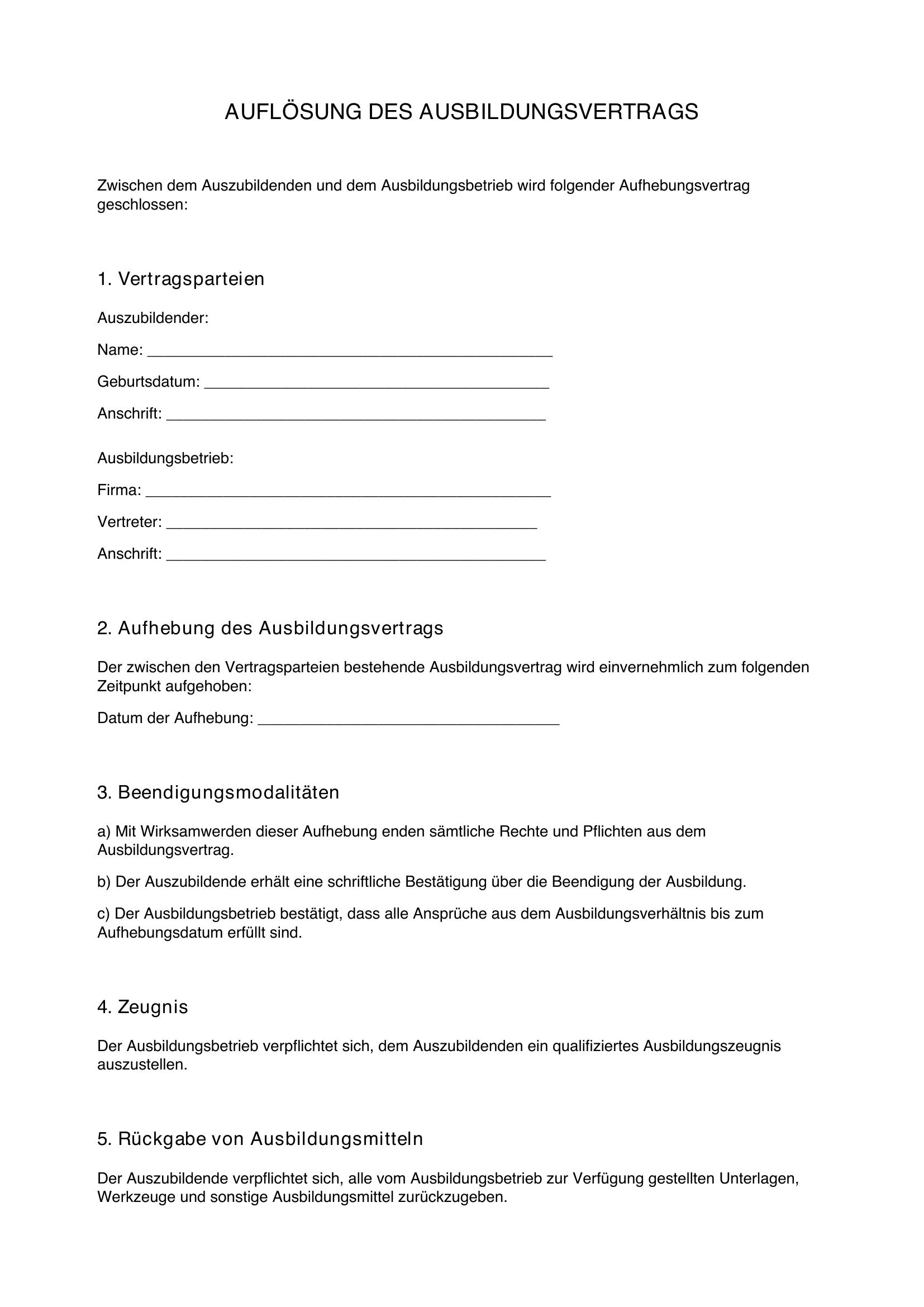 Aufhebungsvertrag Azubi Muster