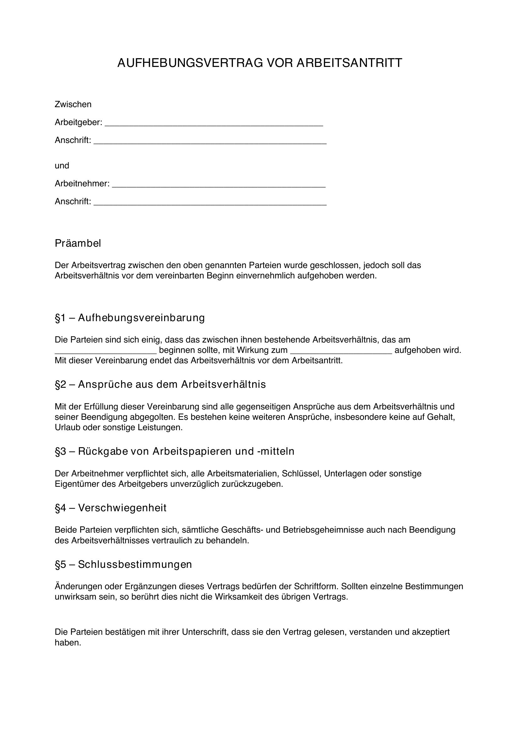 Aufhebungsvertrag Vor Arbeitsantritt Muster