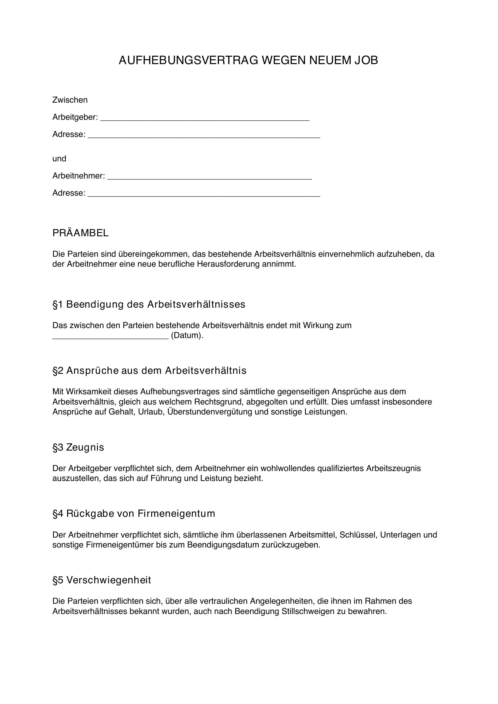Aufhebungsvertrag Wegen Neuem Job Muster