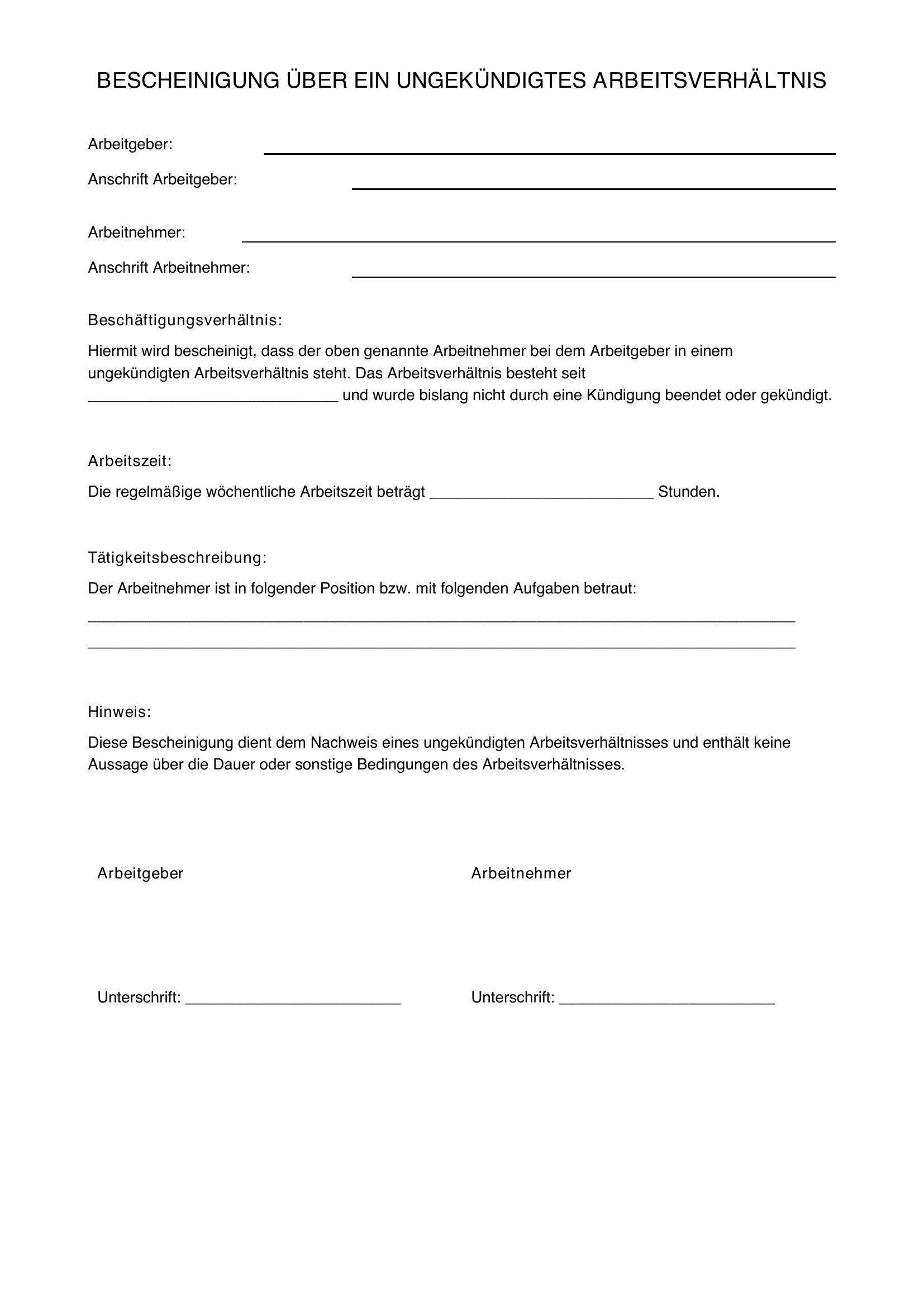 Bescheinigung Ungekündigtes Arbeitsverhältnis Muster