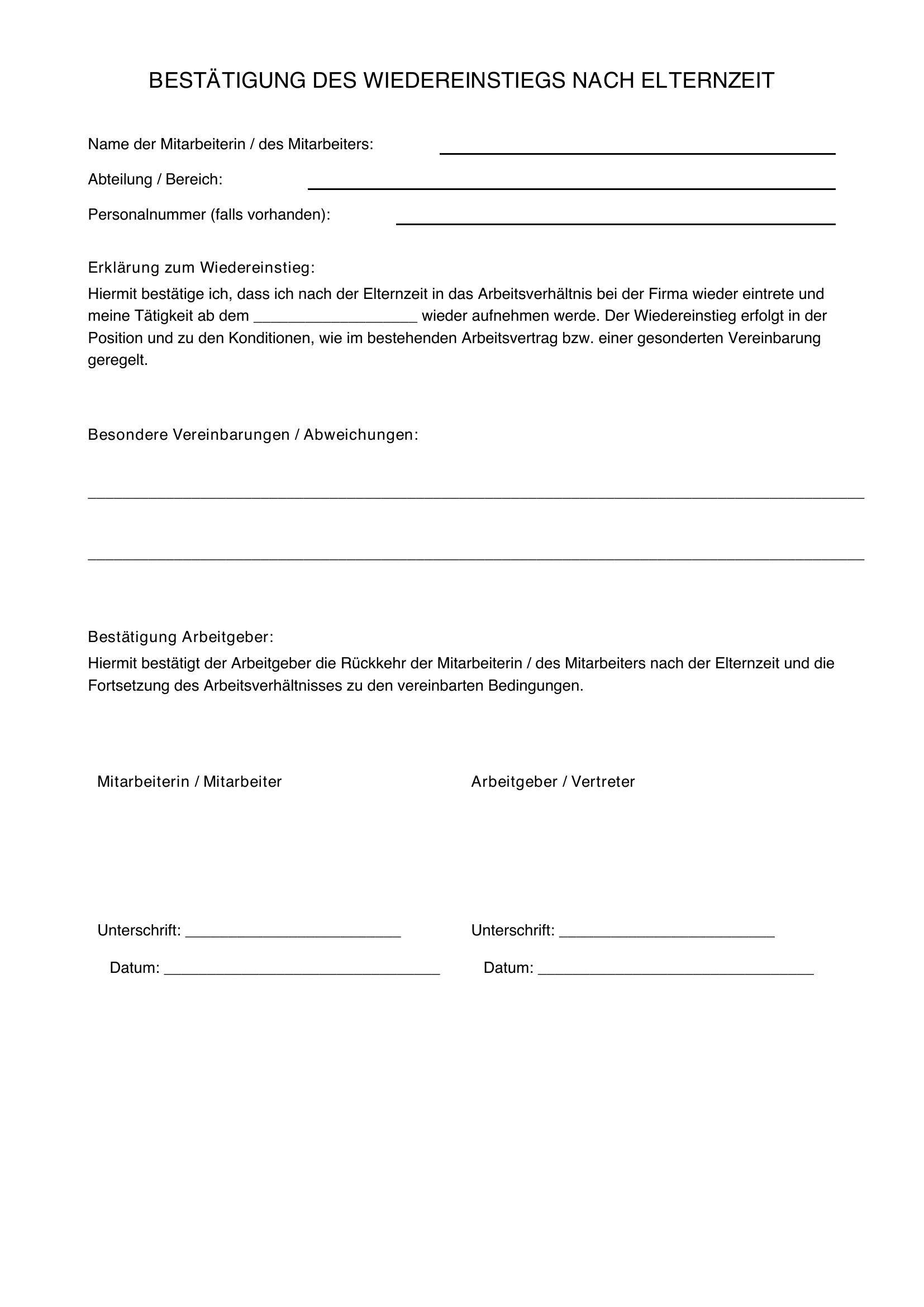 Bestätigung Wiedereinstieg Nach Elternzeit Vorlage