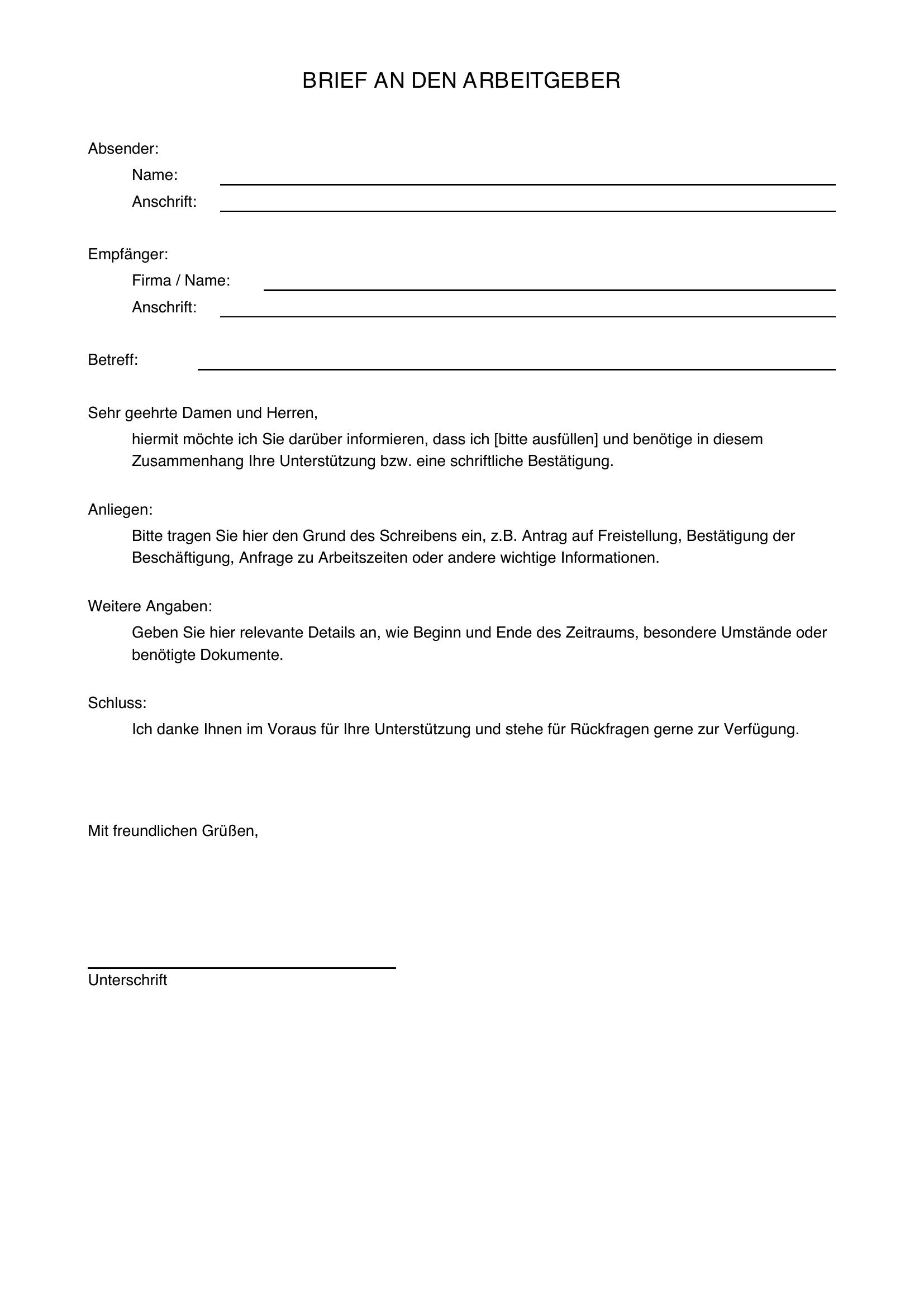 Brief An Arbeitgeber Vorlage