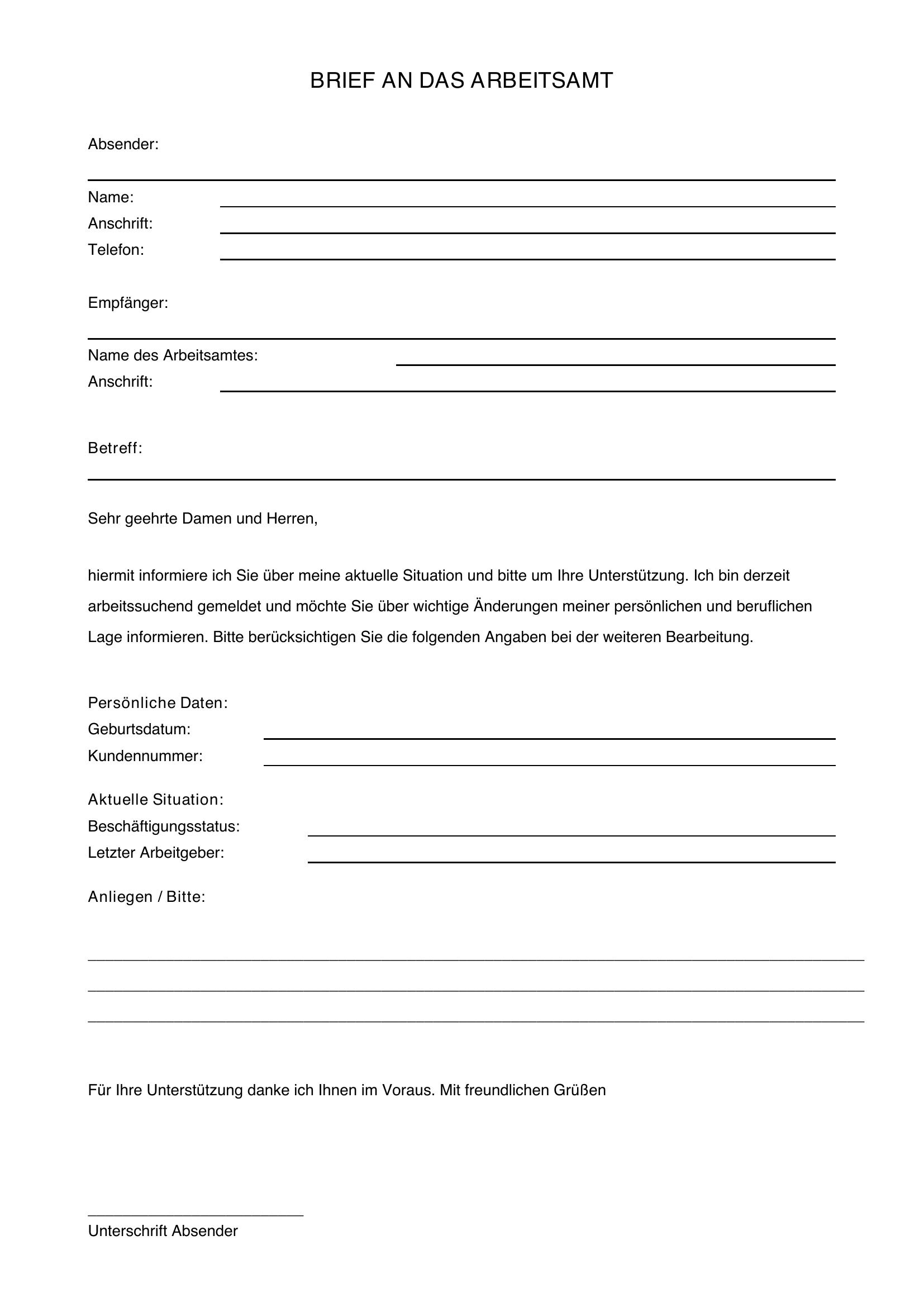 Brief An Arbeitsamt Muster
