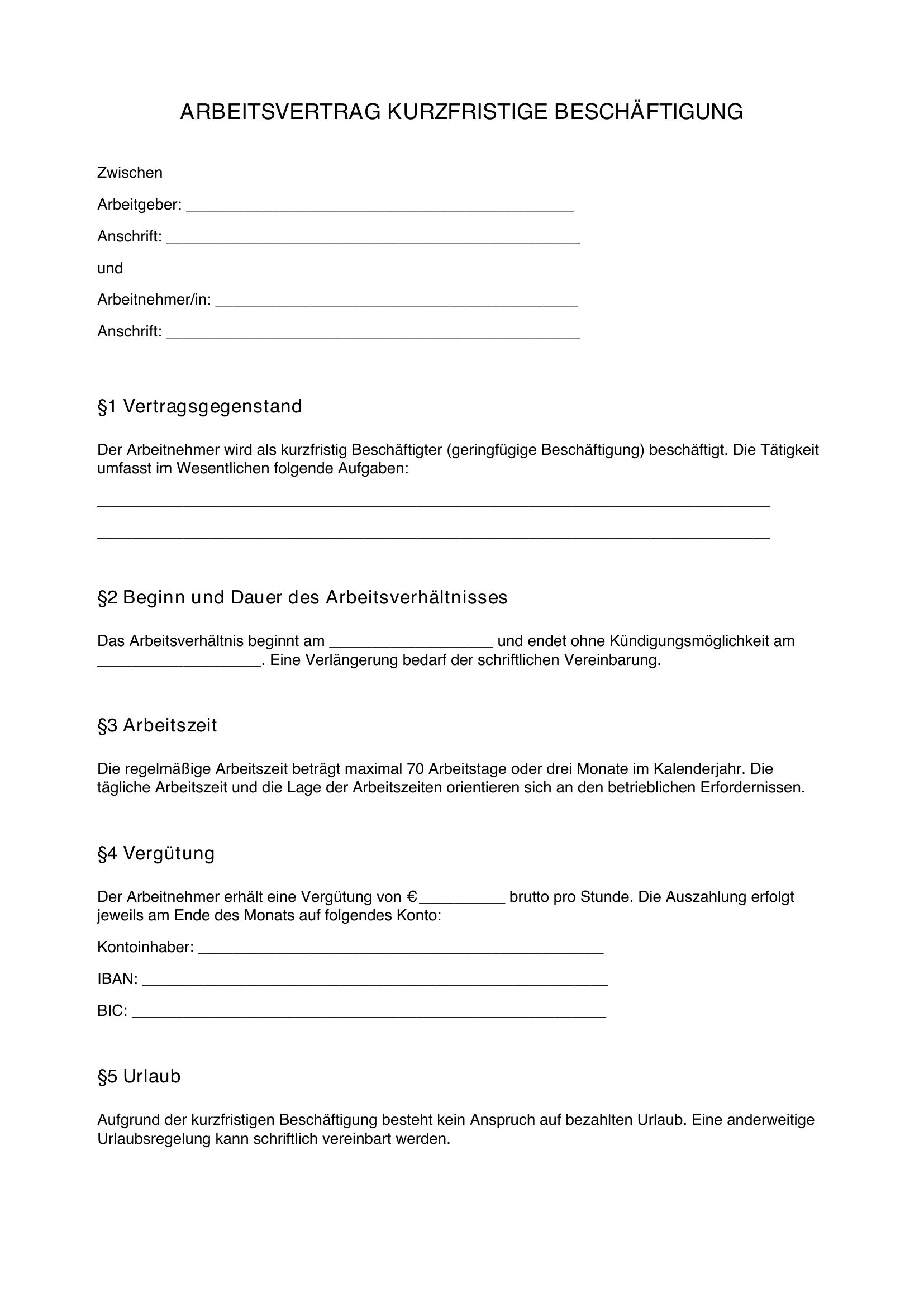 Datev Muster-Arbeitsvertrag Kurzfristige Beschäftigung
