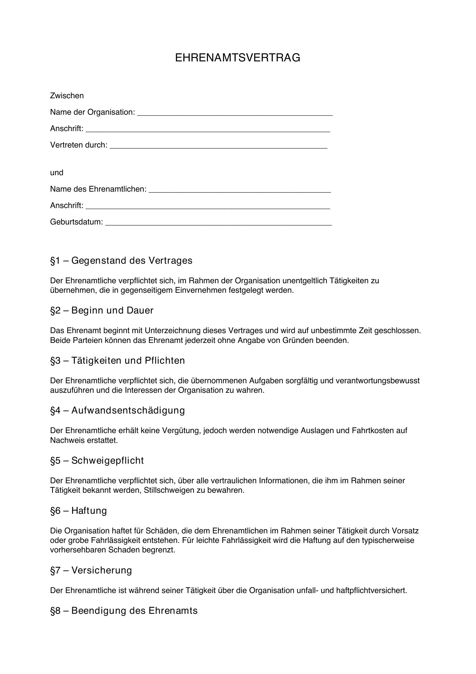 Ehrenamtsvertrag Muster