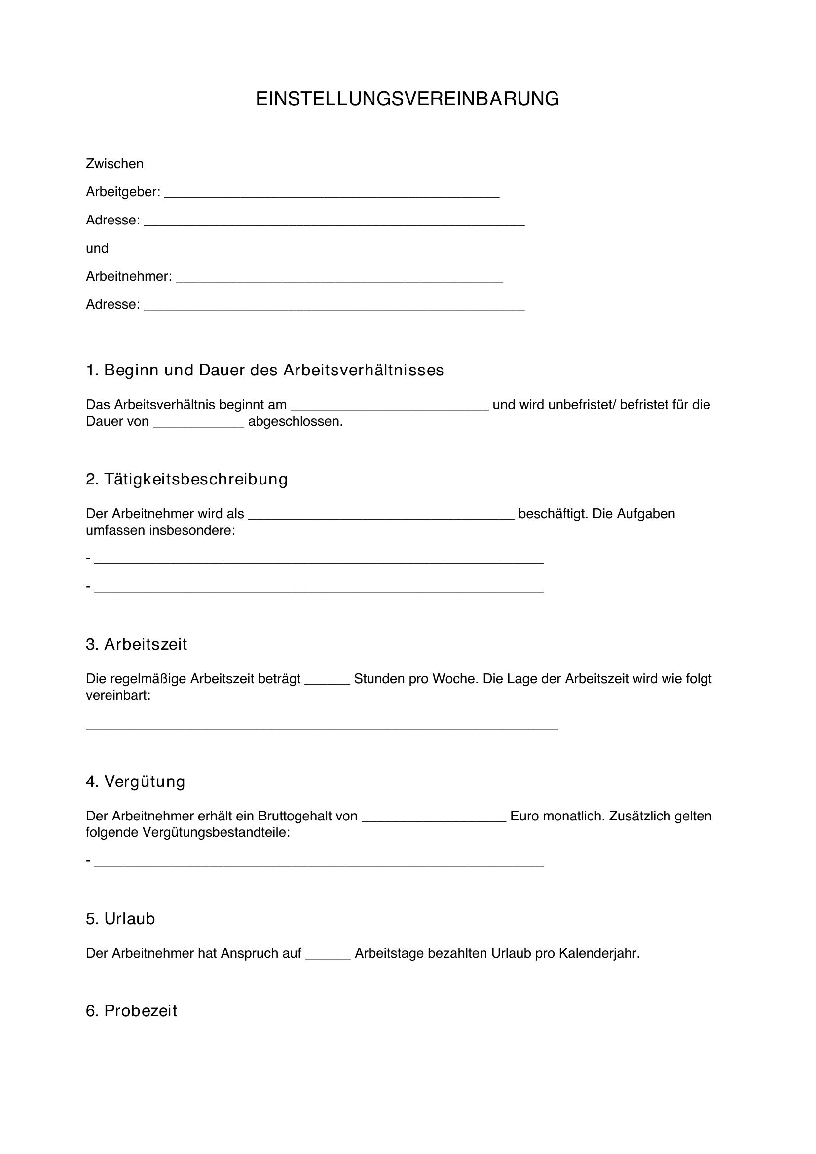 Einstellungsvereinbarung