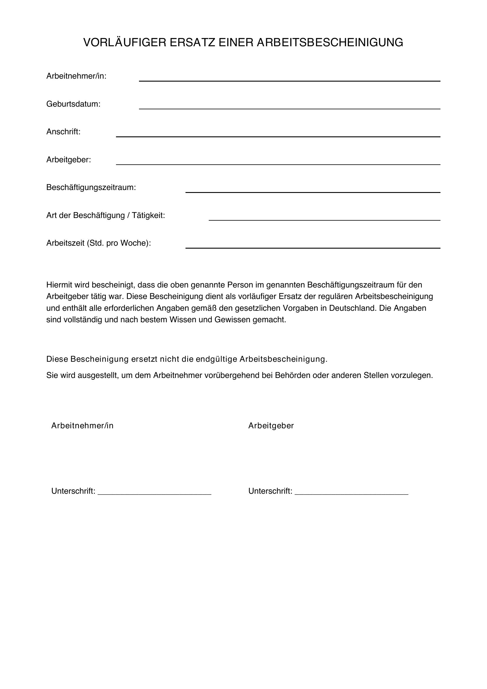 Erklärung Als Vorläufiger Ersatz Einer Arbeitsbescheinigung