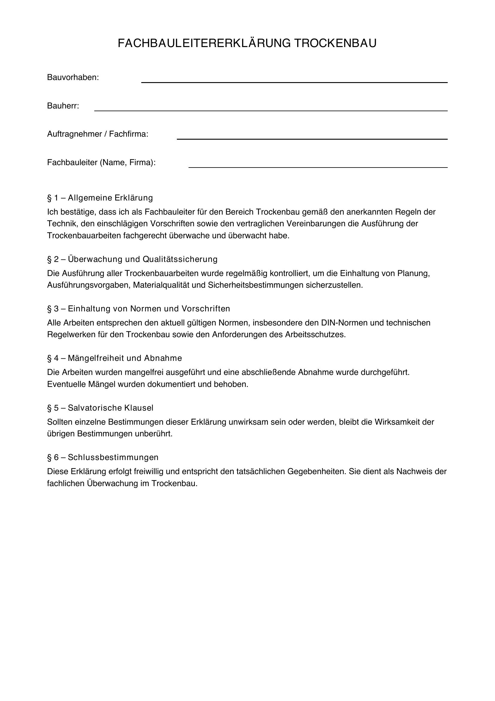 Fachbauleitererklärung Trockenbau