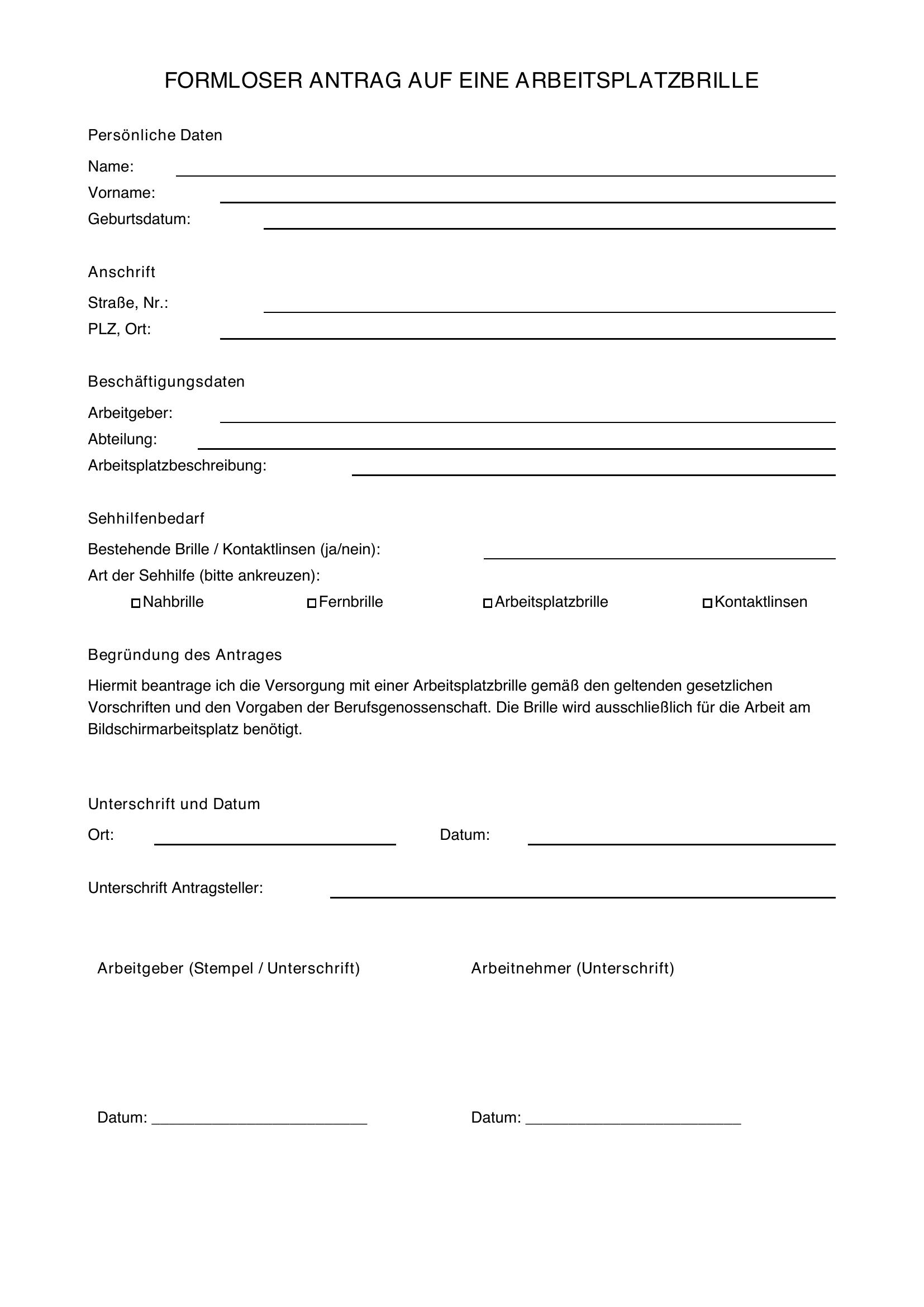 Formloser Antrag Arbeitsplatzbrille