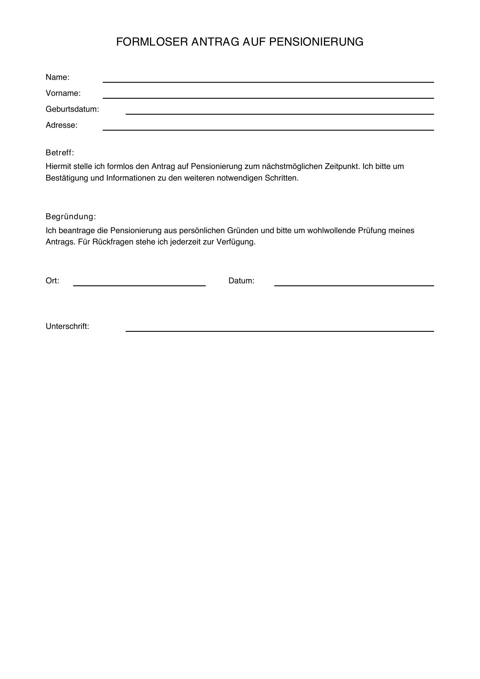 Formloser Antrag Auf Pensionierung