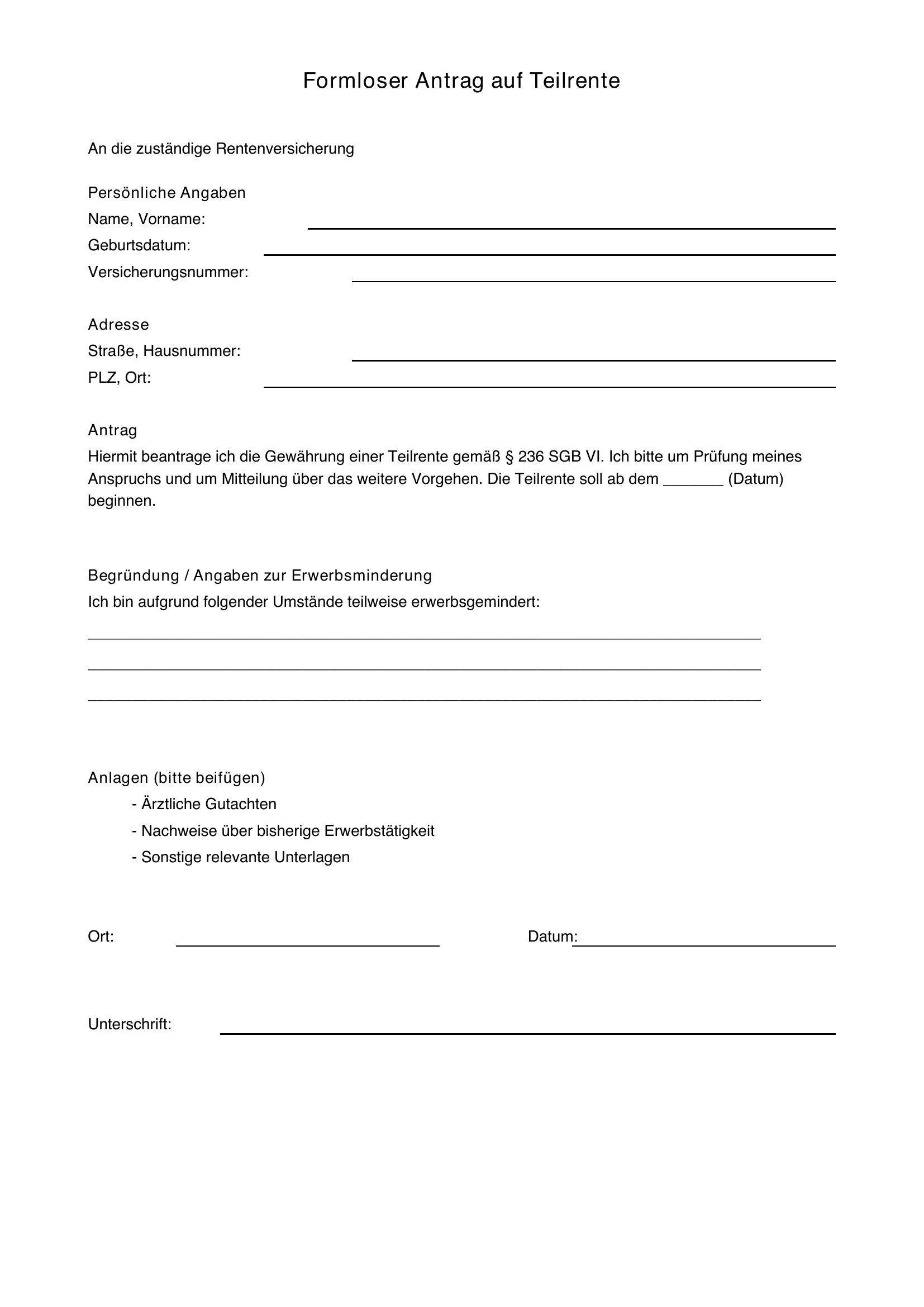 Formloser Antrag Auf Teilrente Muster