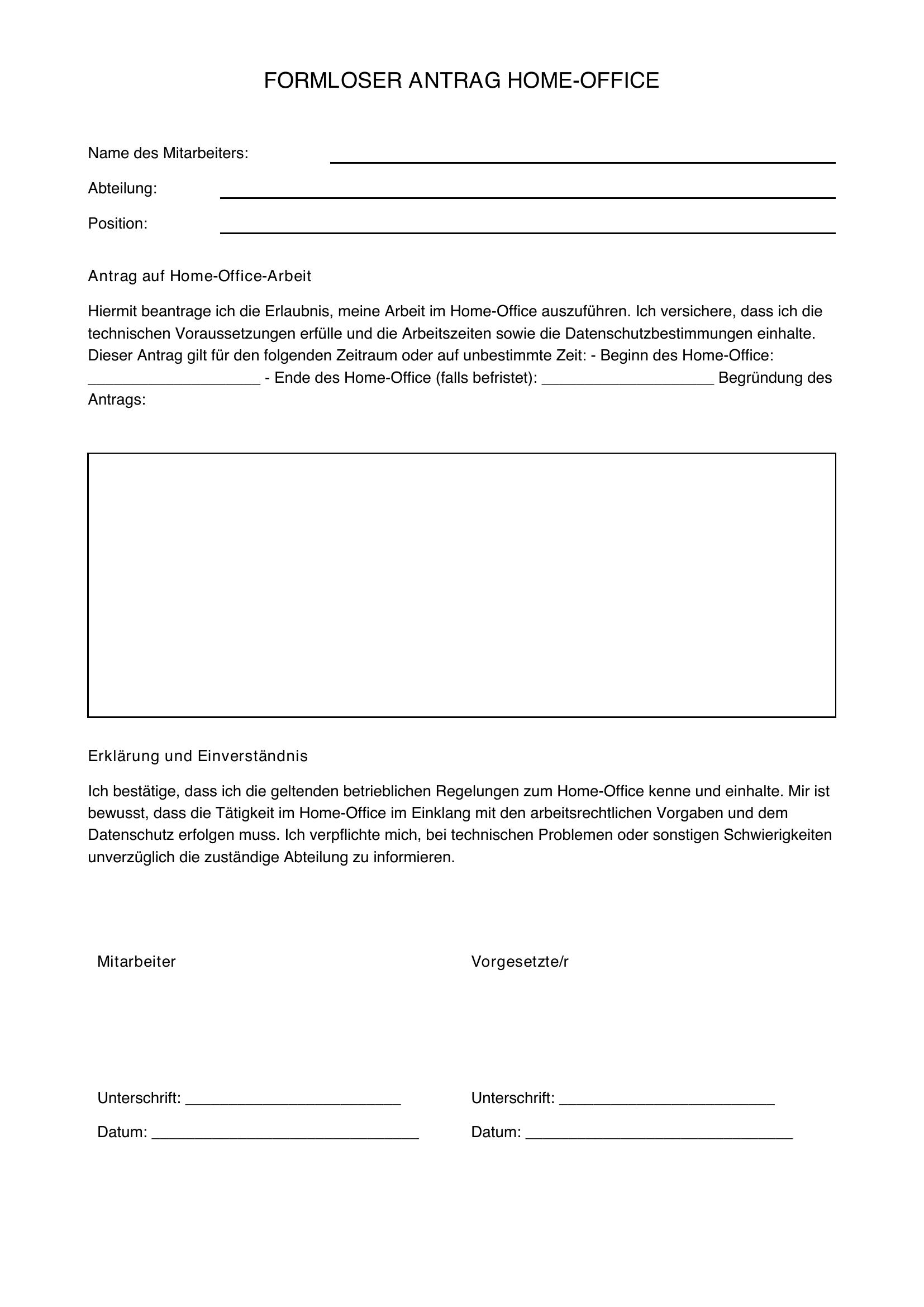 Formloser Antrag Homeoffice Vorlage