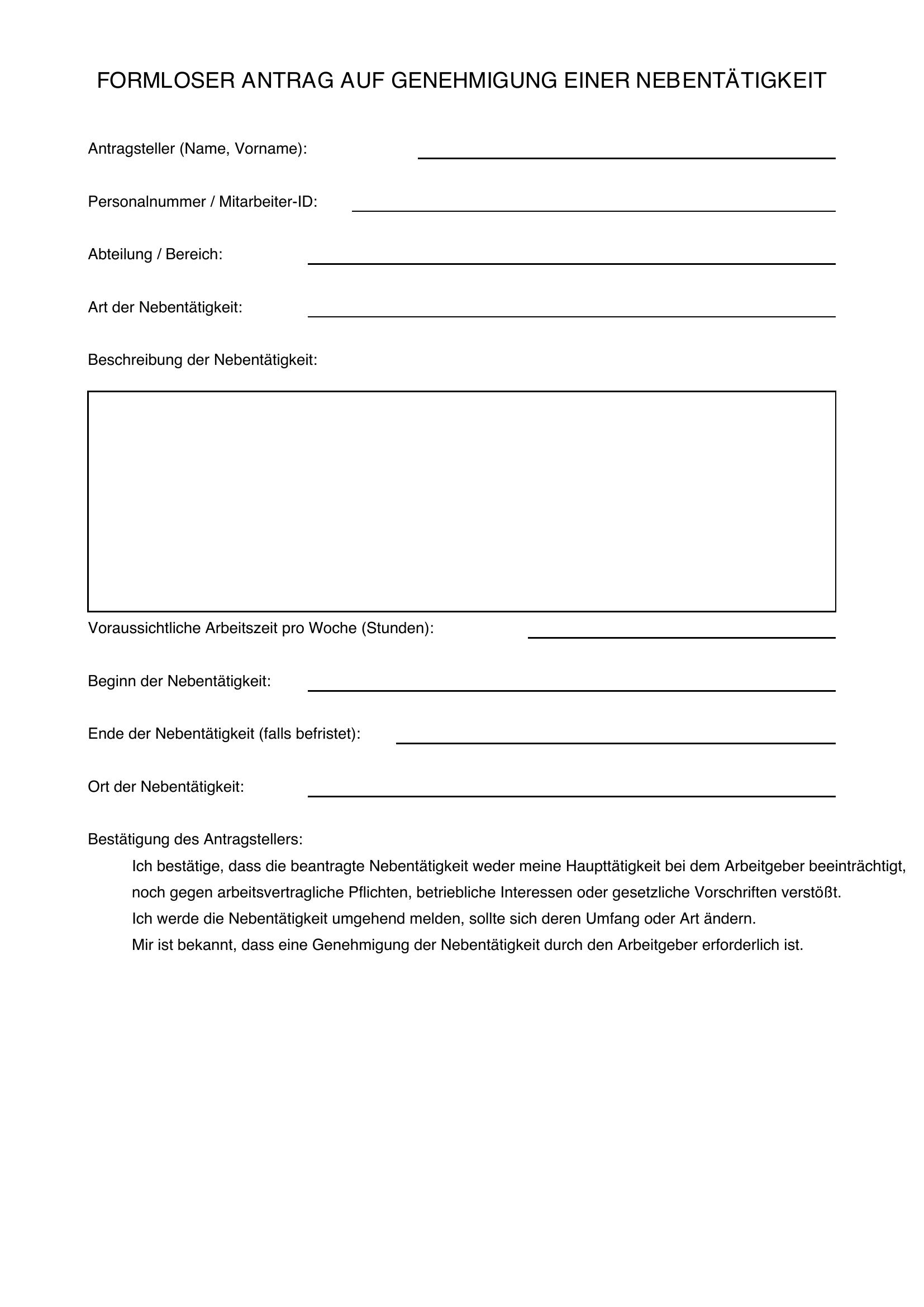 Formloser Antrag Nebentätigkeit Vorlage