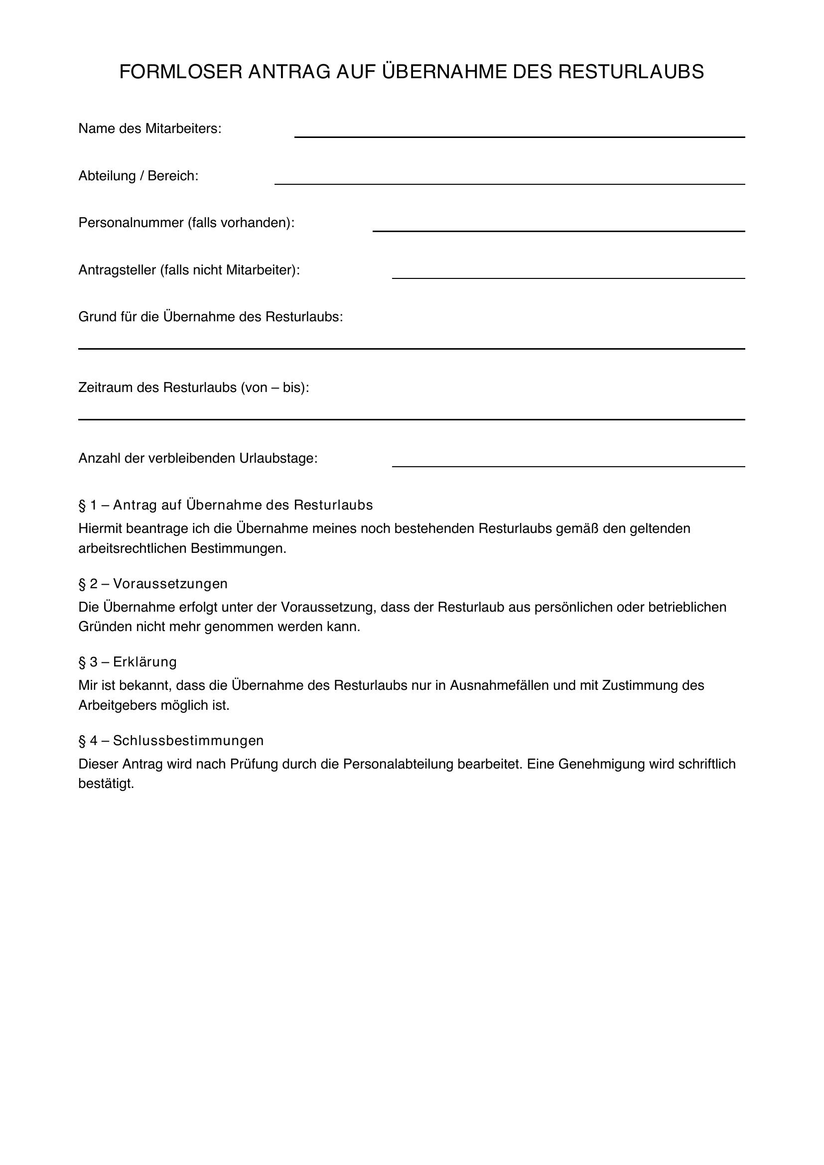 Formloser Antrag Übernahme Resturlaub