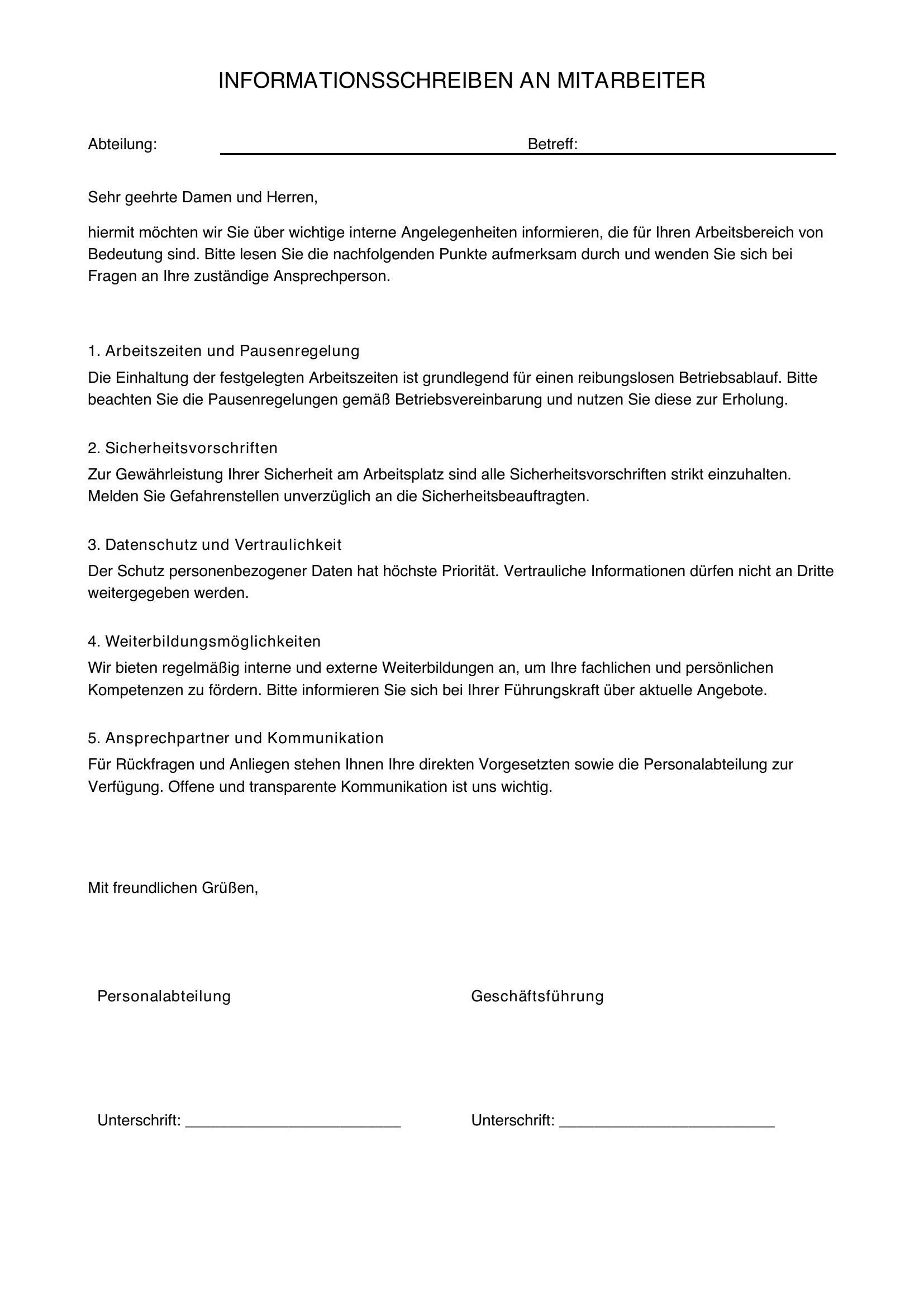 Informationsschreiben An Mitarbeiter Muster