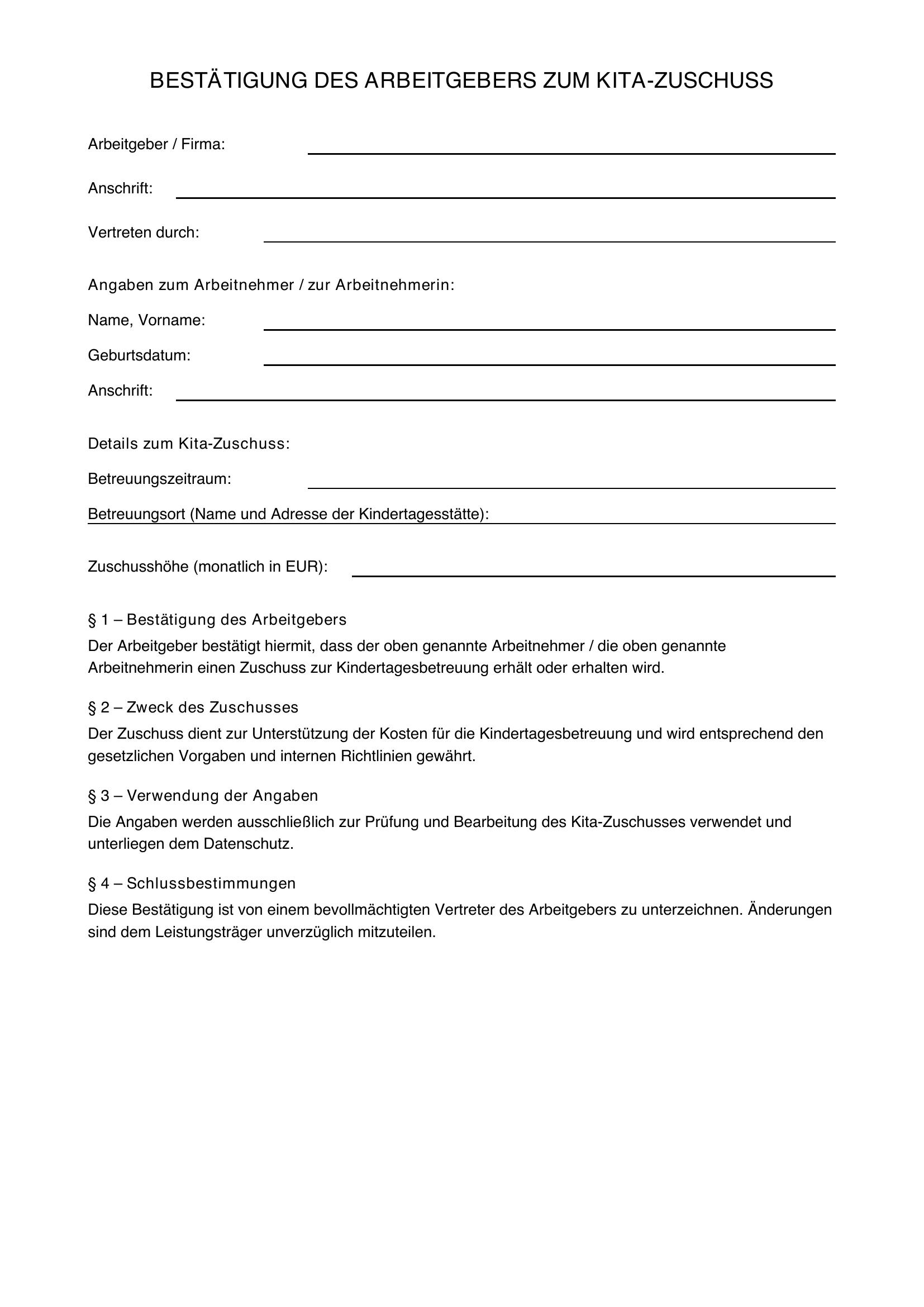 Kita-Zuschuss Arbeitgeber Muster