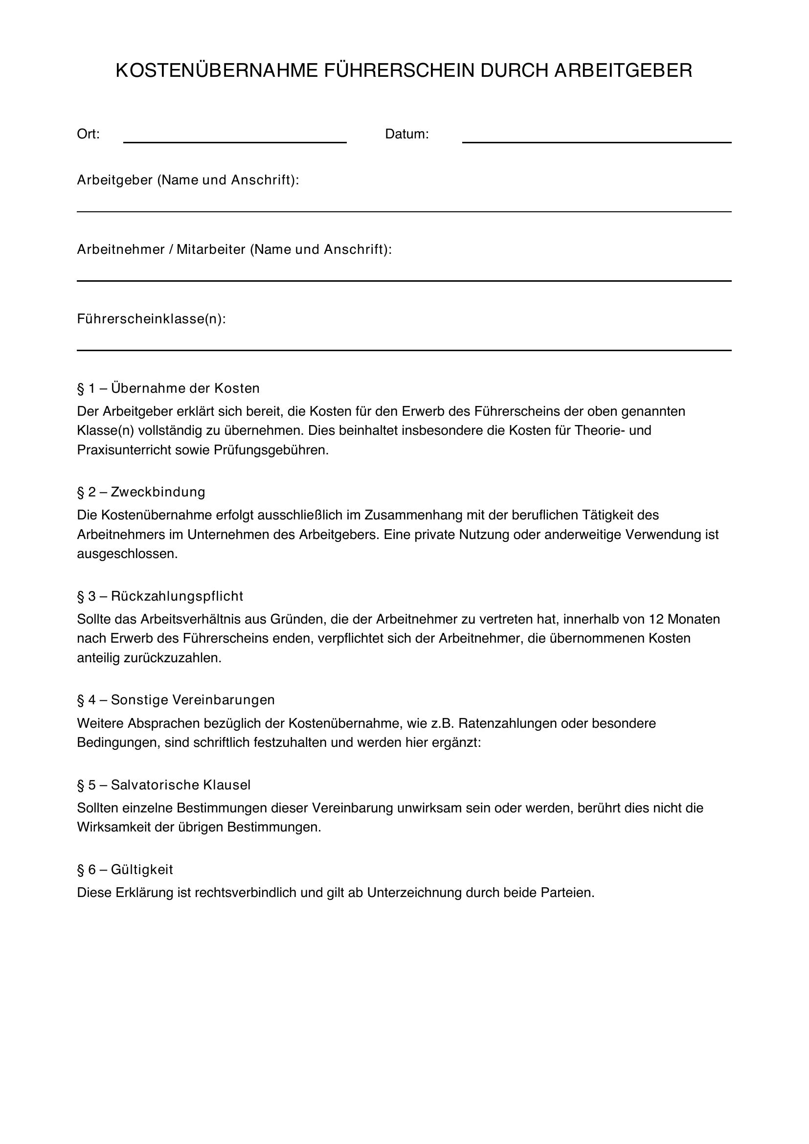 Kostenübernahme Führerschein Durch Arbeitgeber Muster