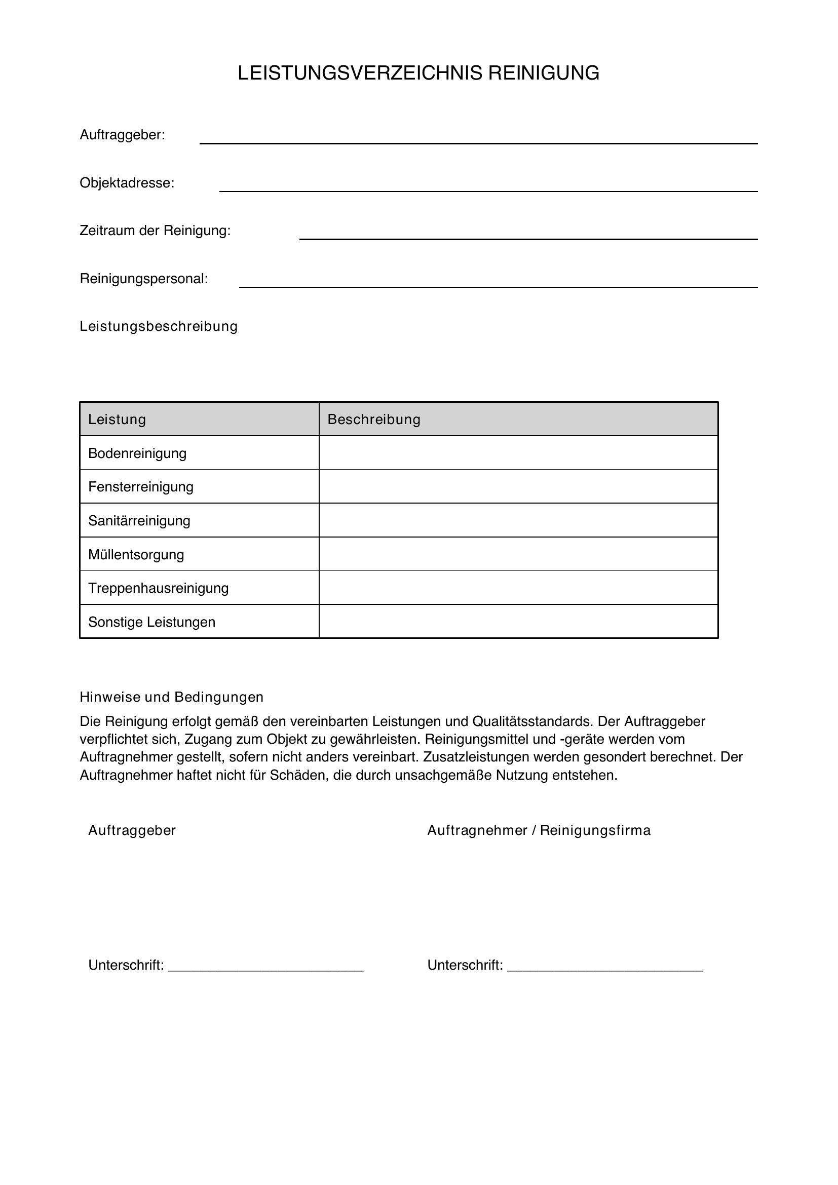 Leistungsverzeichnis Reinigung Vorlage