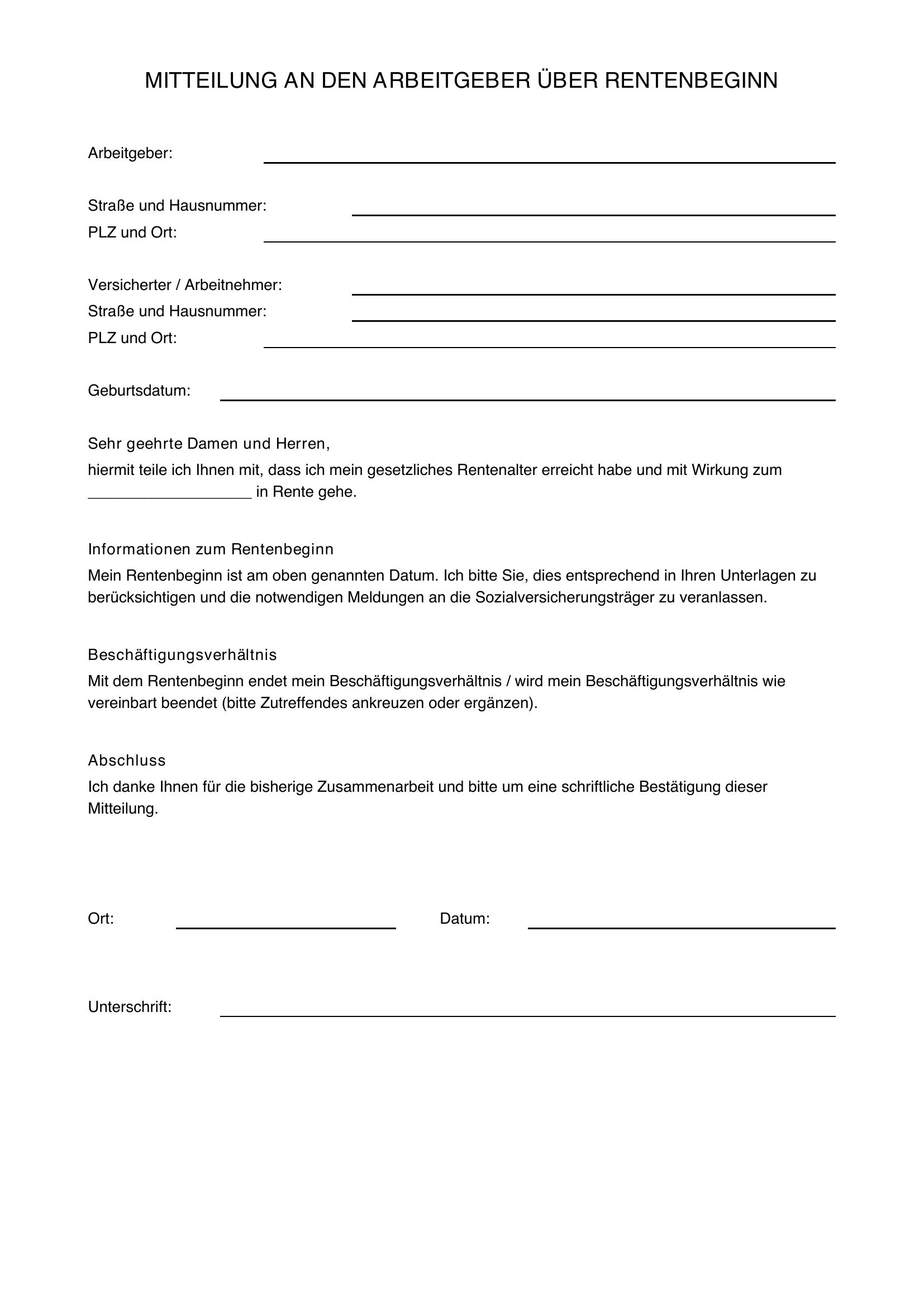Mitteilung An Arbeitgeber Über Rentenbeginn Musterschreiben