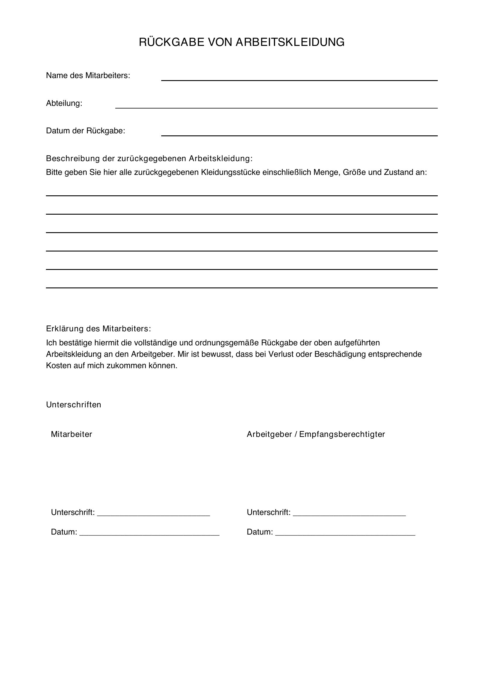 Rückgabe Arbeitskleidung Vorlage