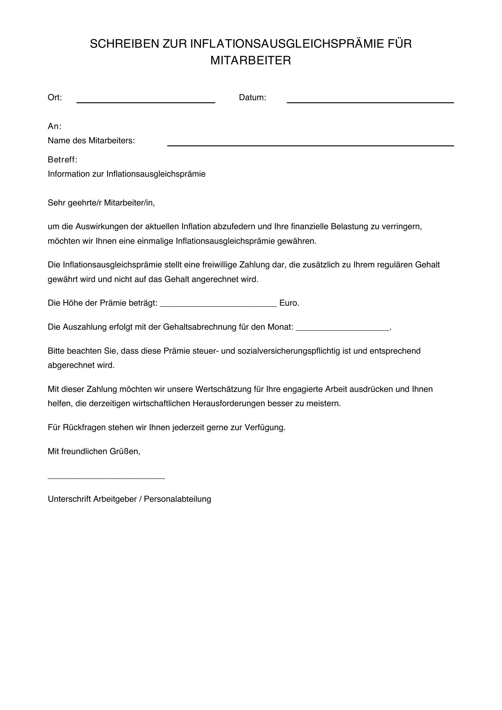 Musterschreiben Inflationsausgleichsprämie Mitarbeiter