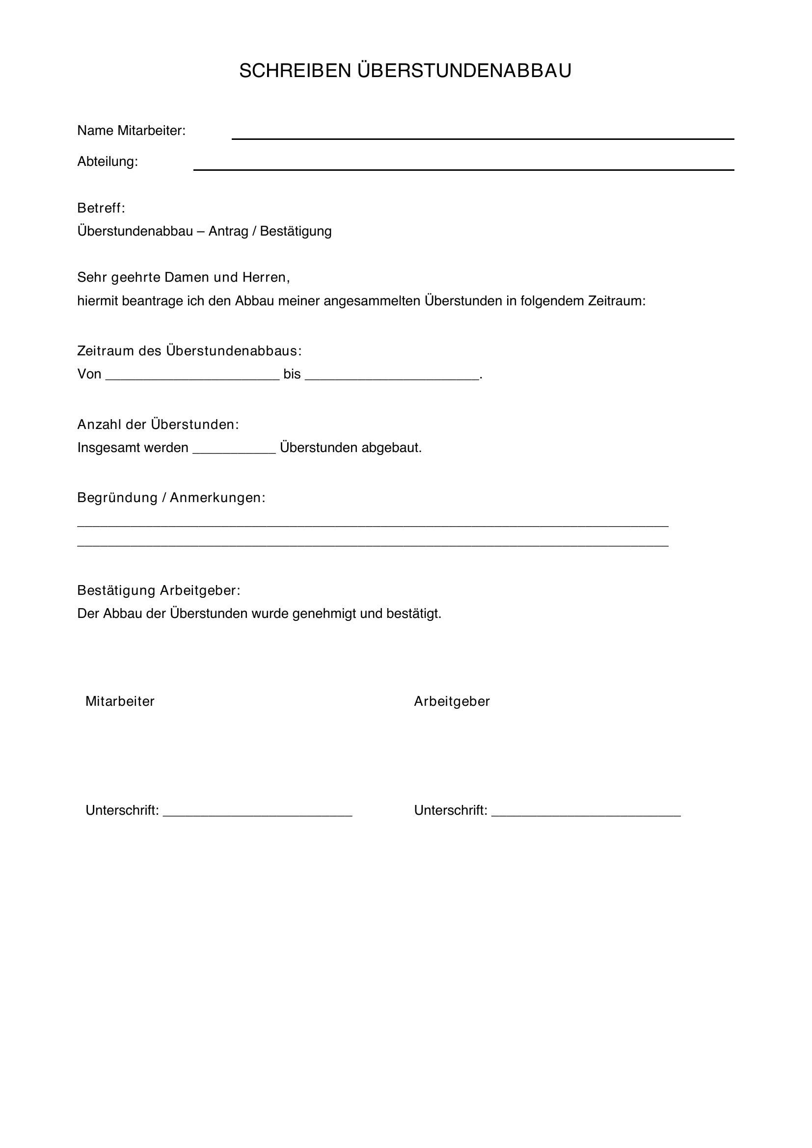 Musterschreiben Überstunden Abbau
