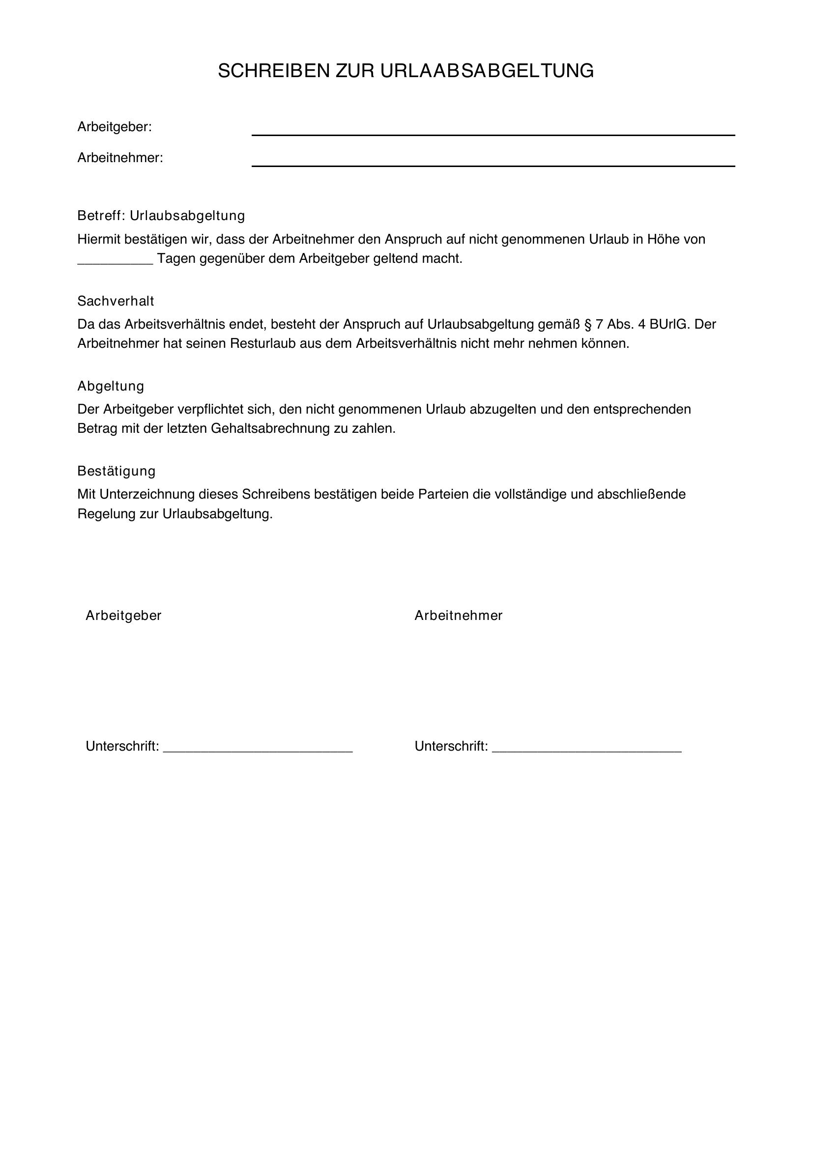 Musterschreiben Urlaubsabgeltung Arbeitgeber