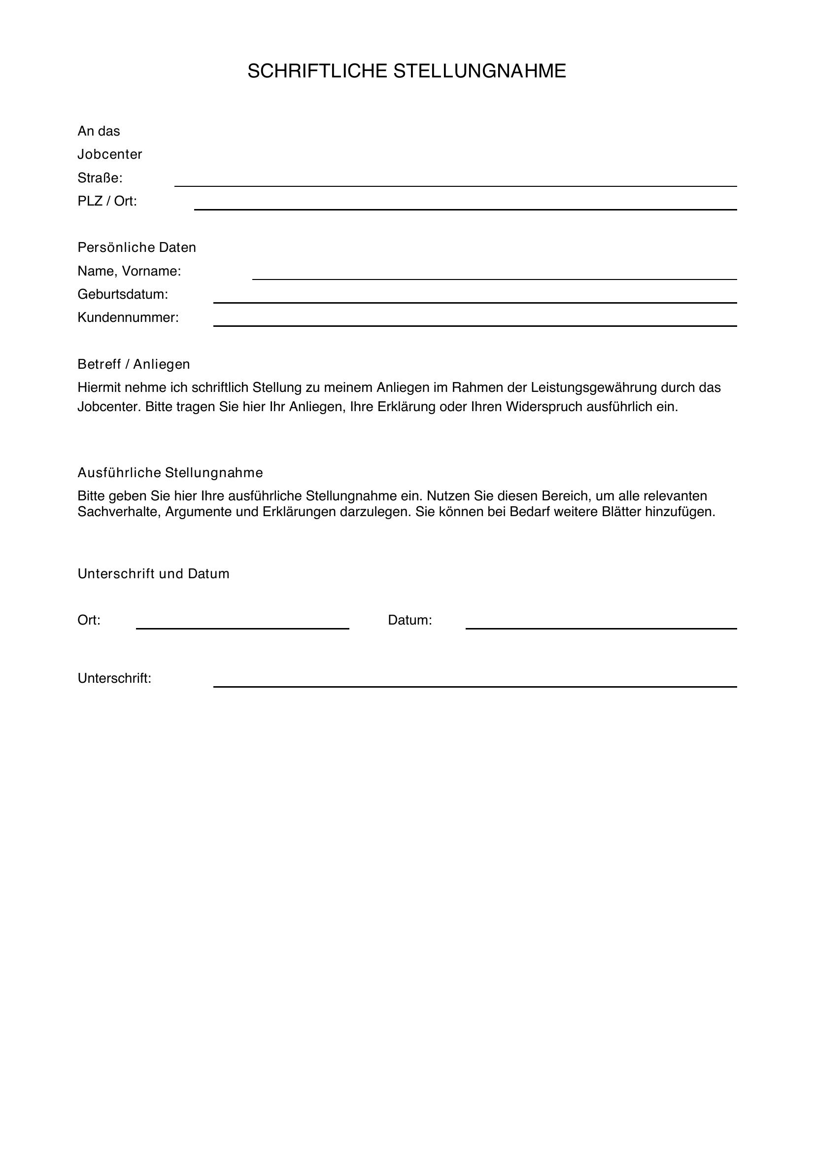 Schriftliche Stellungnahme Jobcenter Vorlage