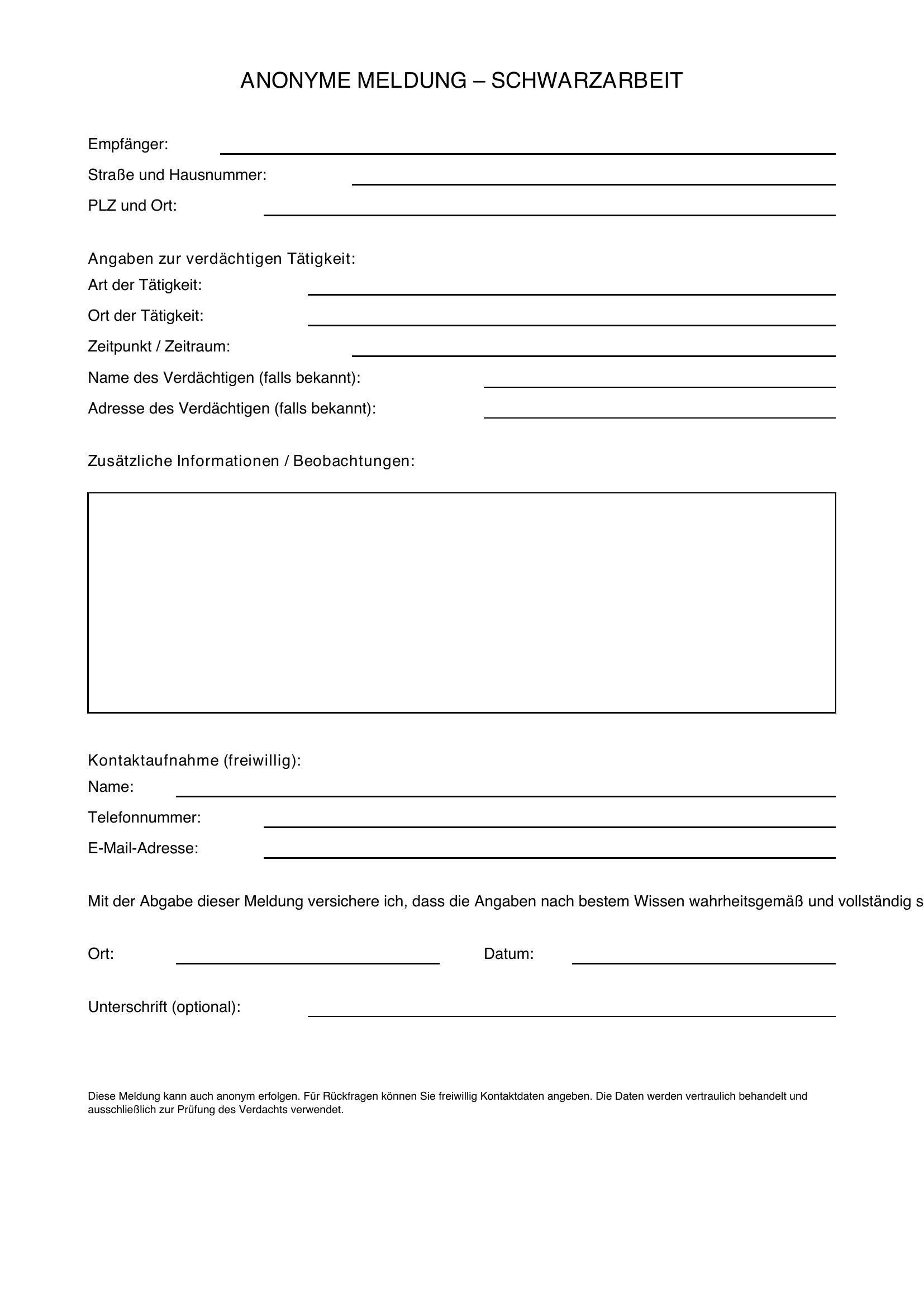 Schwarzarbeit Melden Musterbrief