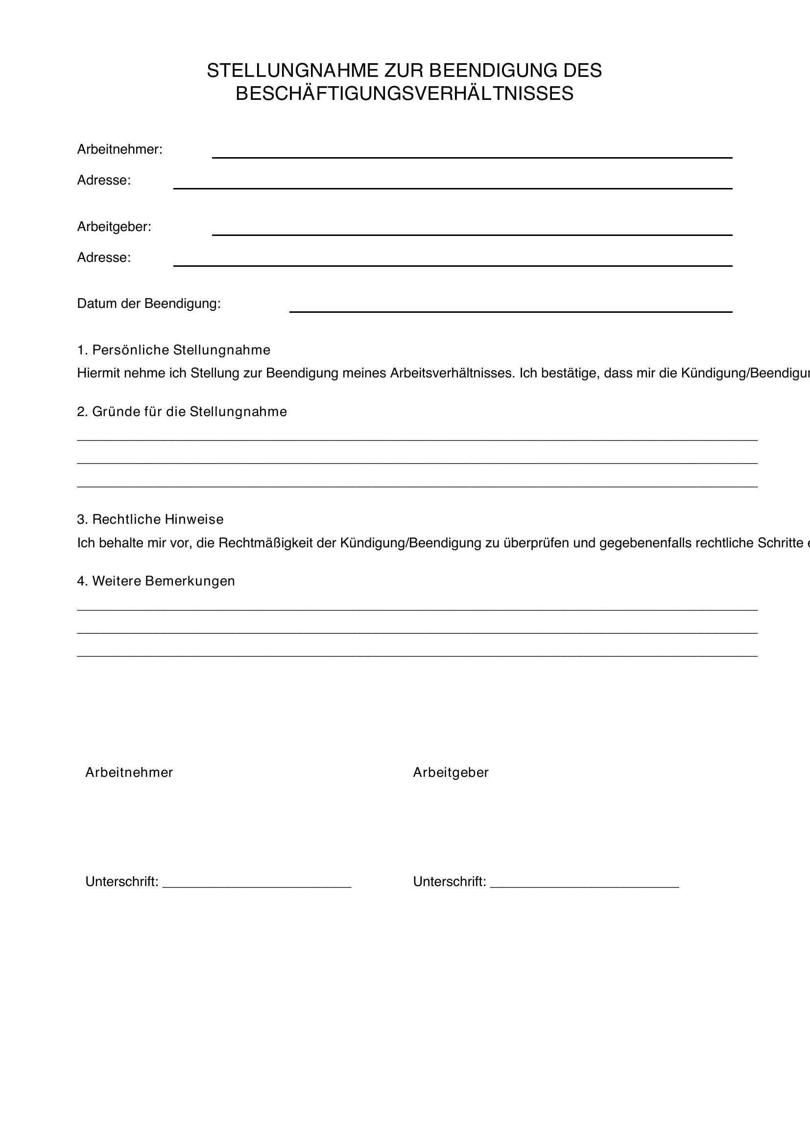 Stellungnahme Zur Beendigung Des Beschäftigungsverhältnisses Muster