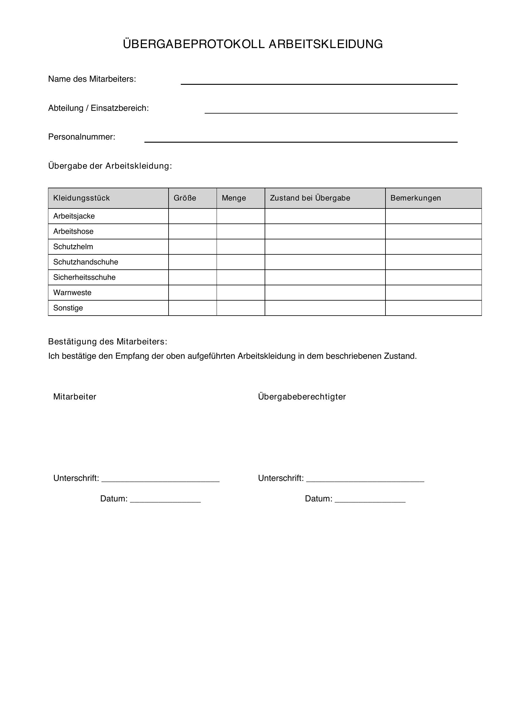 Übergabeprotokoll Arbeitskleidung Vorlage
