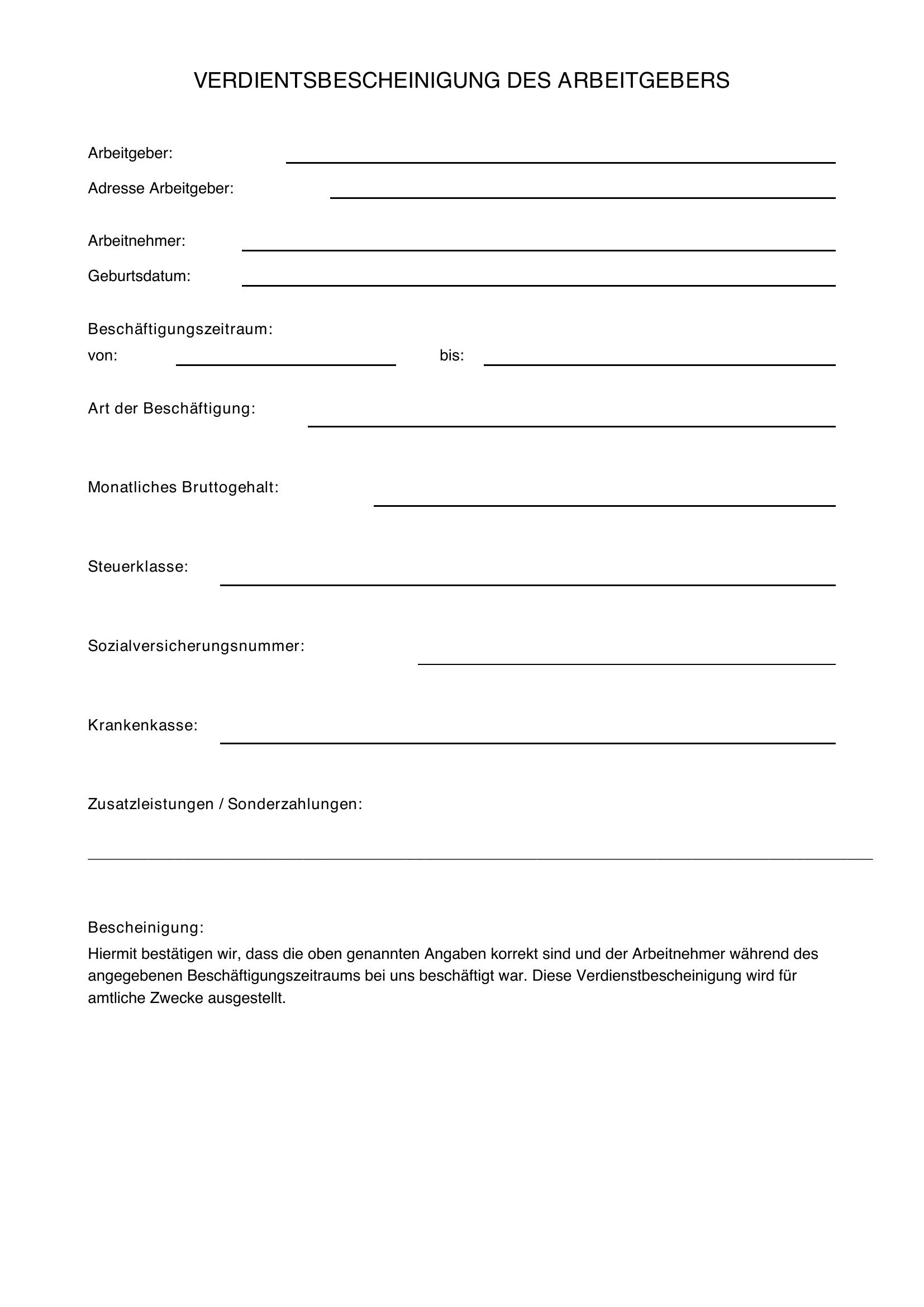 Verdienstbescheinigung Arbeitgeber Vorlage