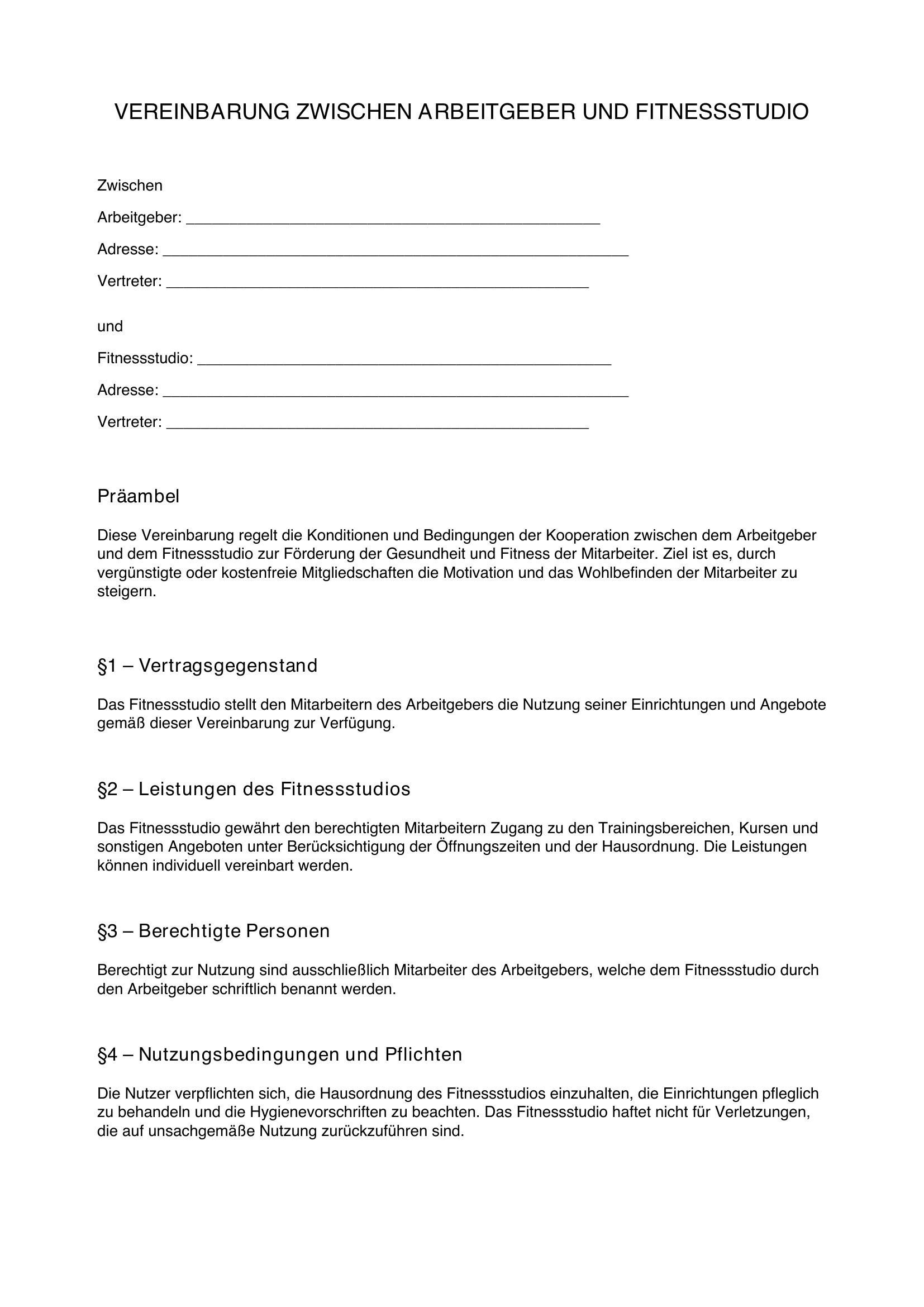 Vereinbarung Arbeitgeber Fitnessstudio Muster