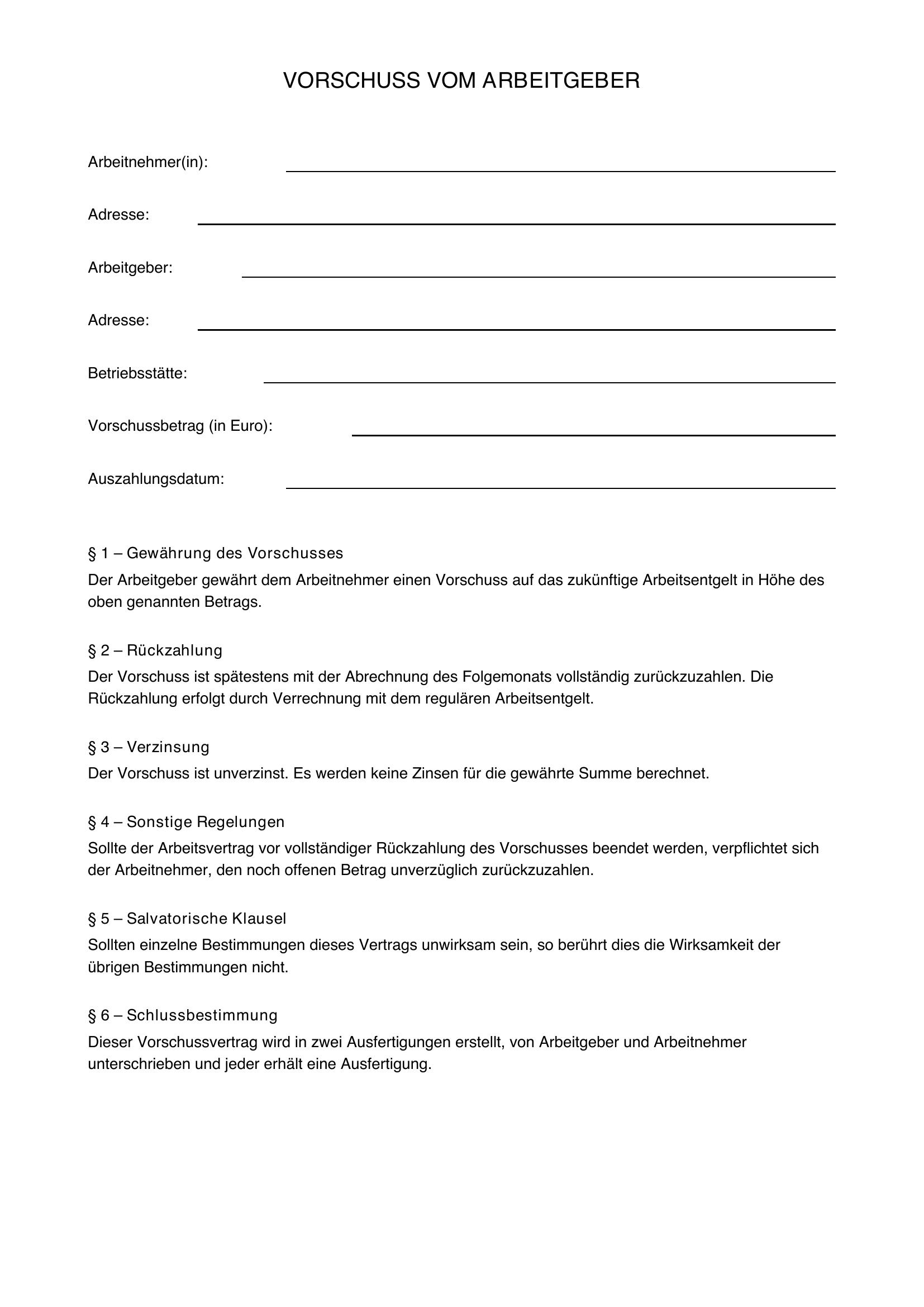 Vorschuss Vom Arbeitgeber Muster